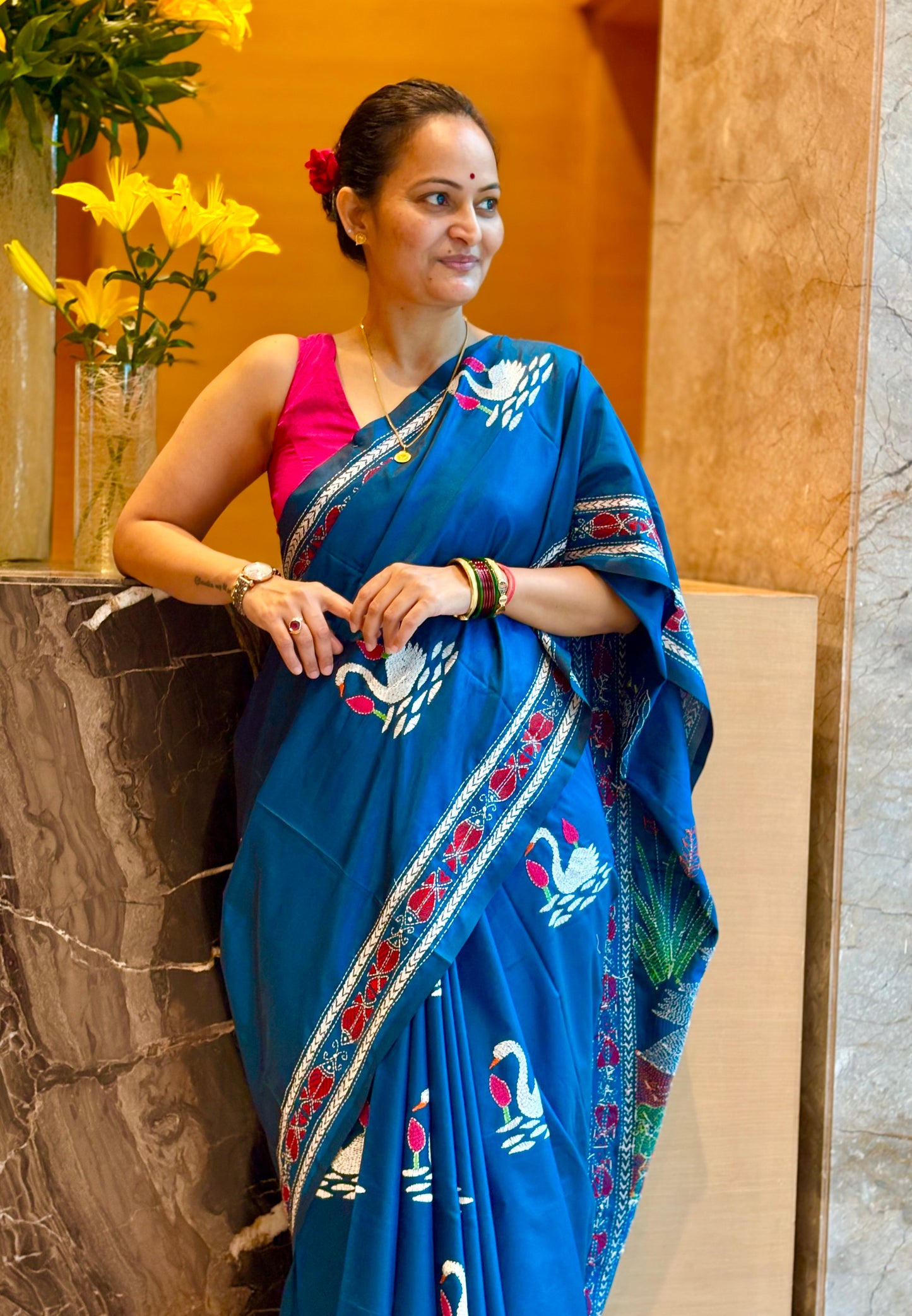 Kantha stitch Hand Work Art Silk Saree With Blouse