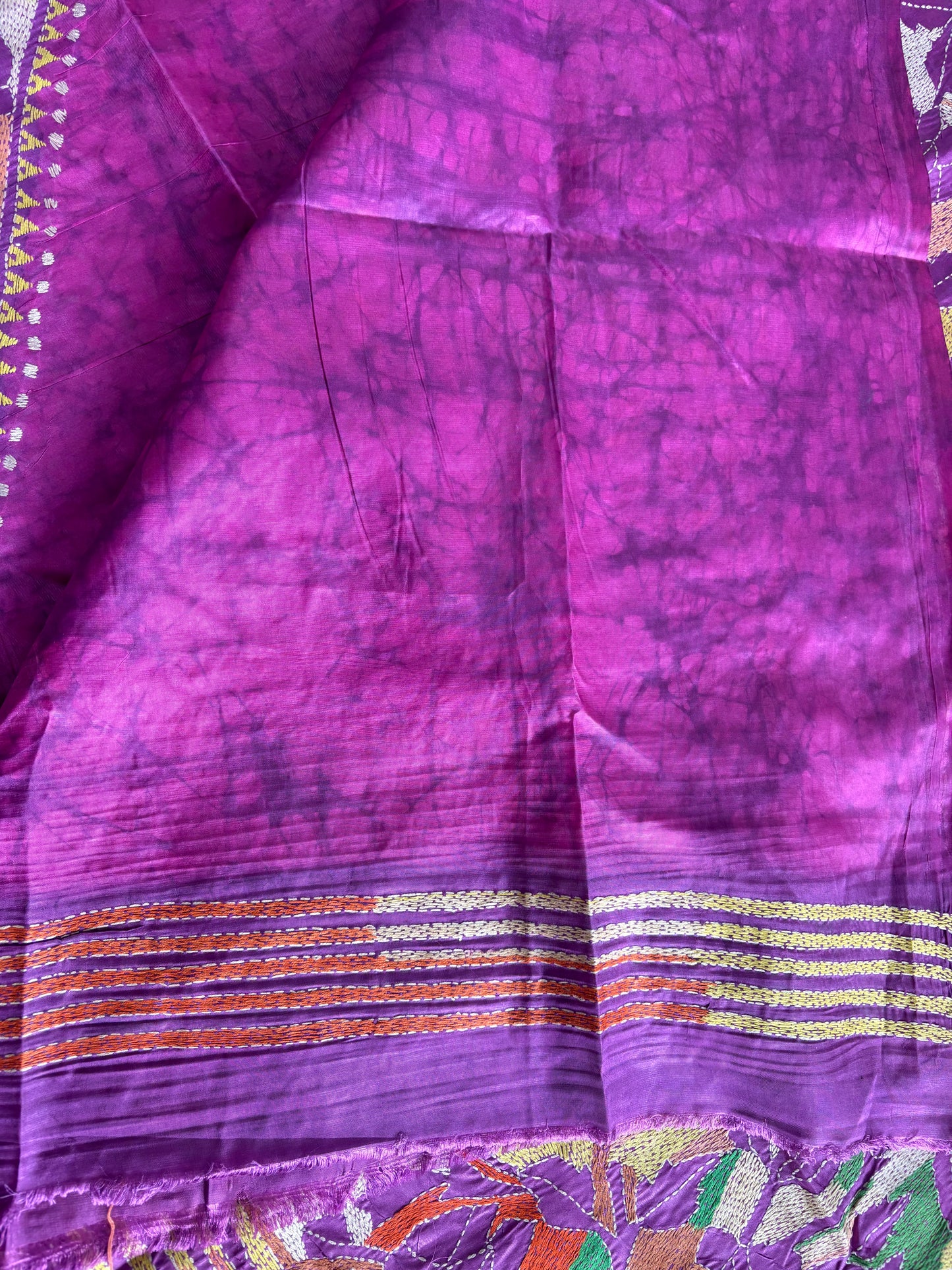 Reverse Kantha Hand Embroidered Blended Banglore Silk/Art Silk Saree With Blouse