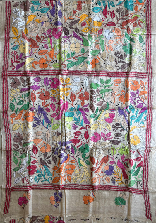 Kantha Hand Embroidered Pure Gachi Tassar Silk Saree - Silk Marked