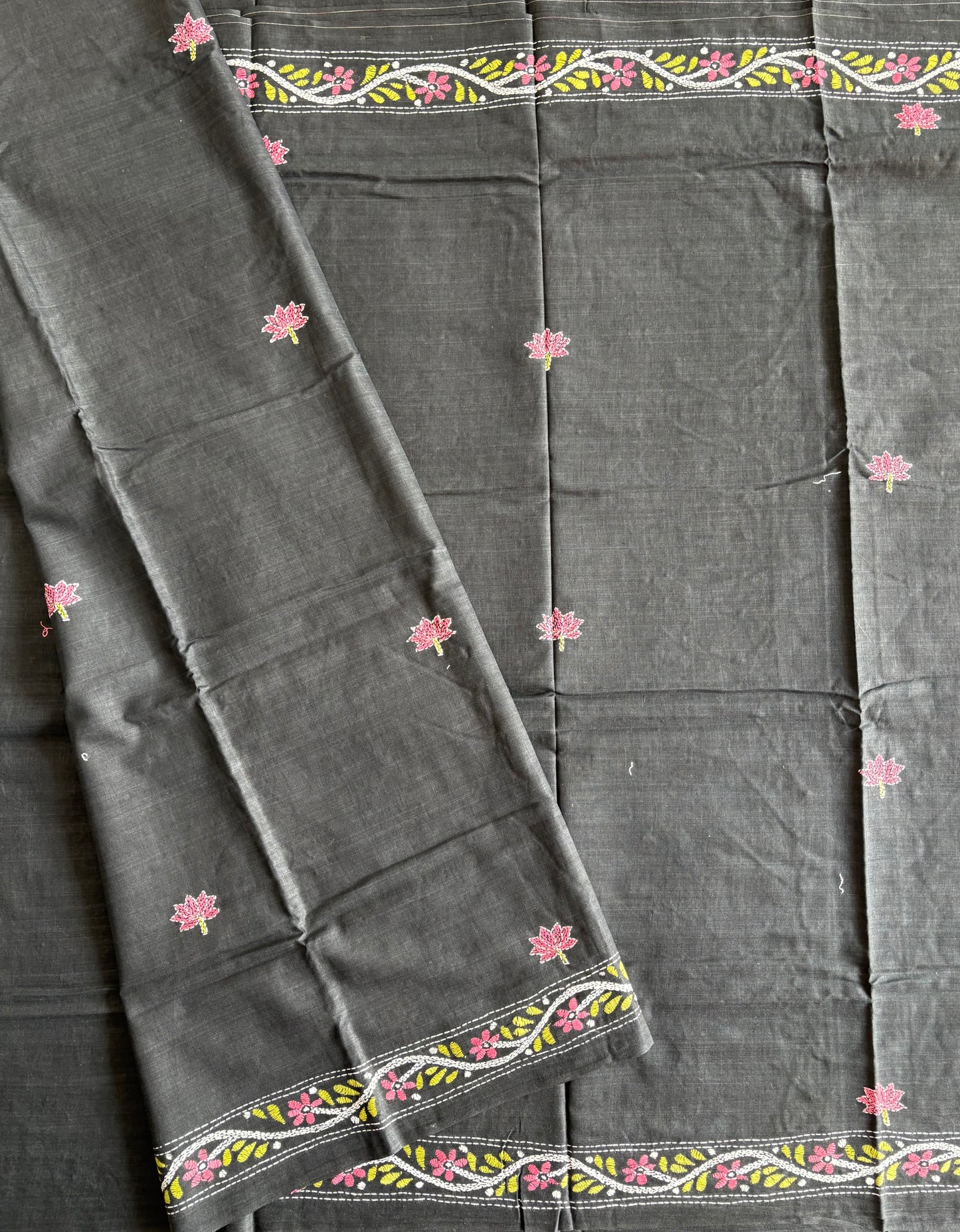 Kantha stitch Khadi Cotton Saree - Black