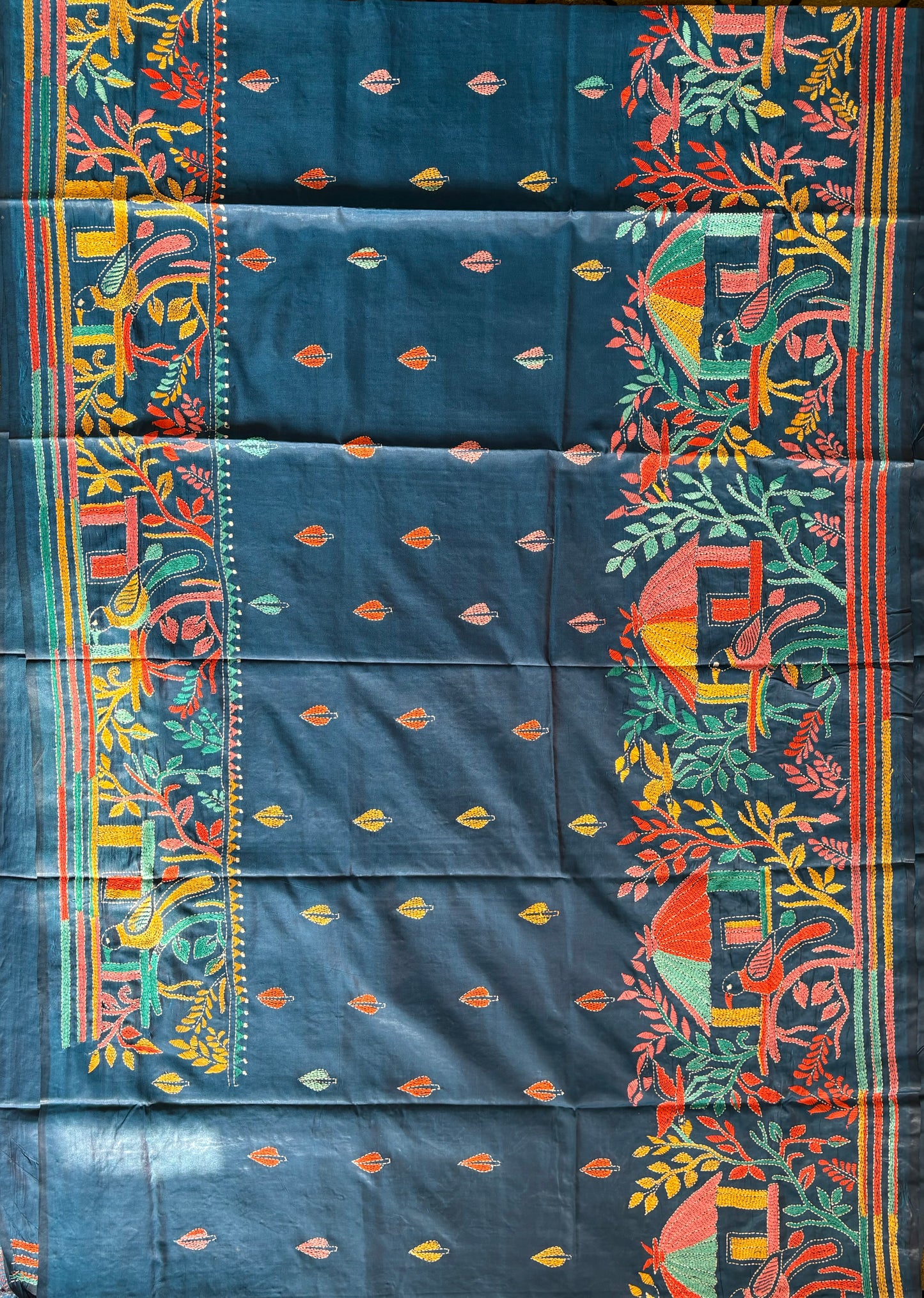 Kantha Stitch Hand Embroidered Art Silk Saree With Blouse