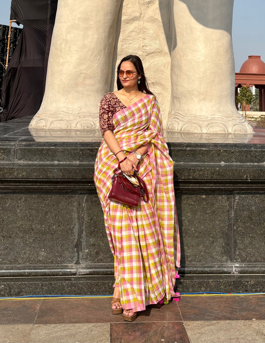 Checkered Mul Cotton Saree With Ikat Blouse | Ultra Lightweight |