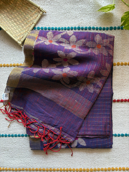 Handloom woven pure Linen By Linen Lata Saree – Purple (Handloom Marked)