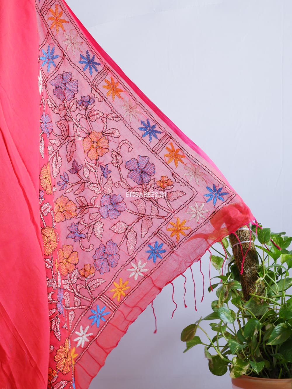 Kantha stitch Hand Embroidered Pure mul Cotton Saree