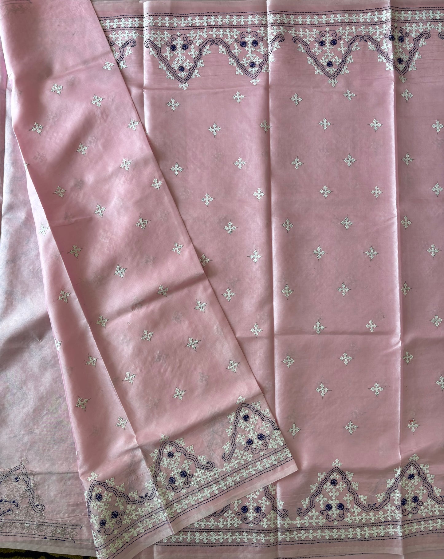 Gujrati Stitch/Kutch Hand Embroidered Art Silk Saree