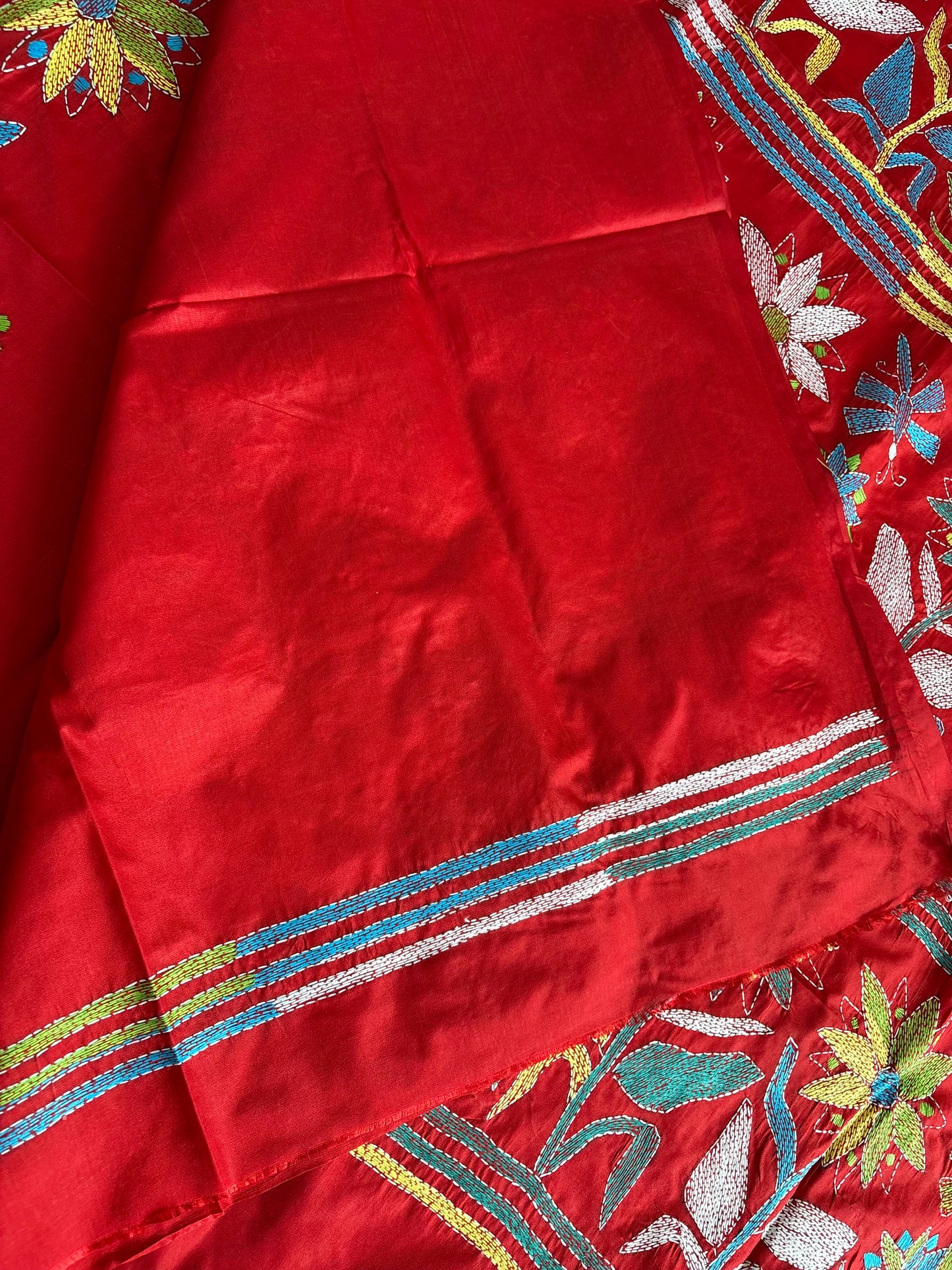 Kantha Hand Embroidered Blended Banglore Silk/Art Silk Saree With Blouse