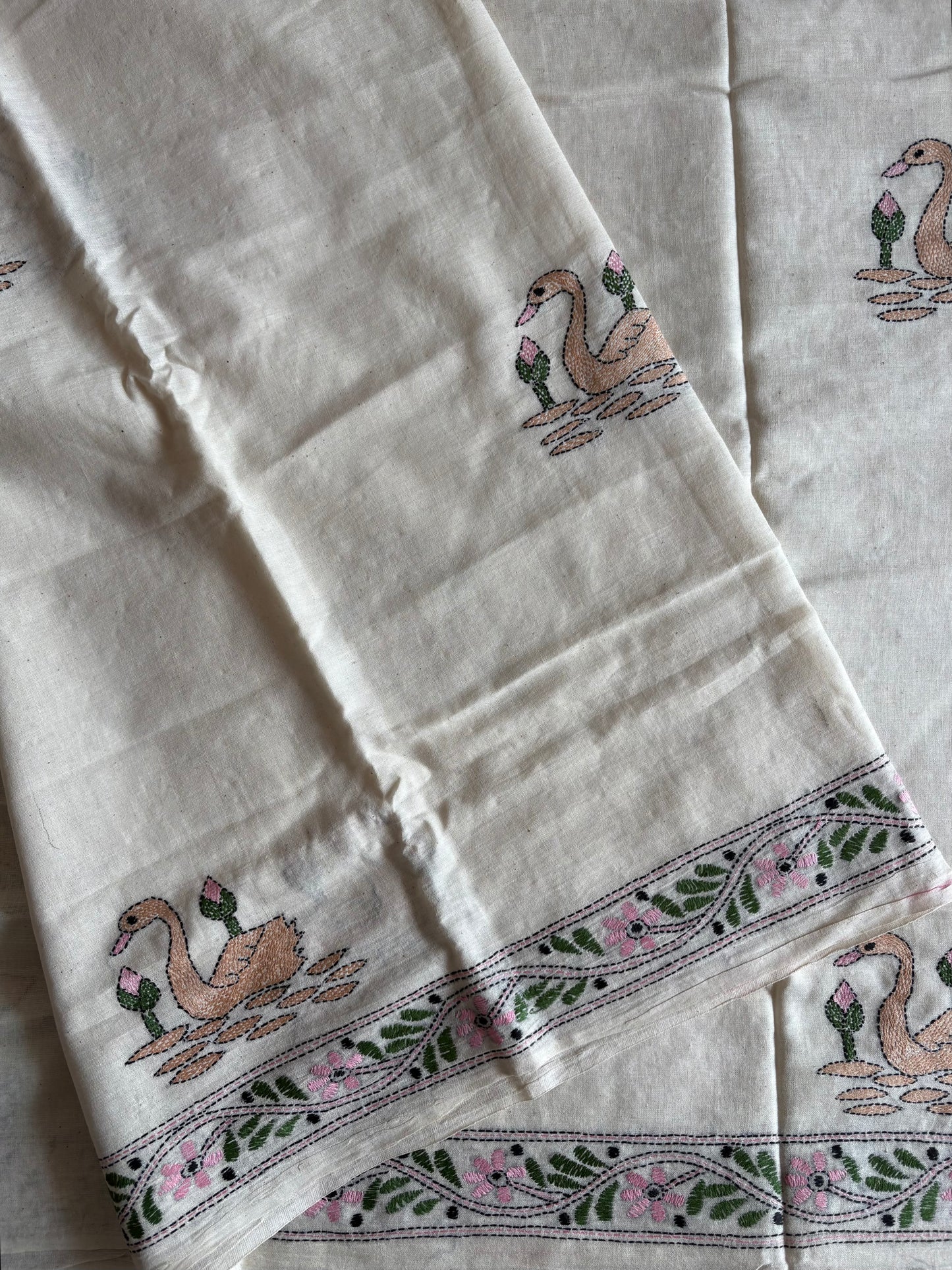 Kantha stitch Khadi Cotton Saree - Off white
