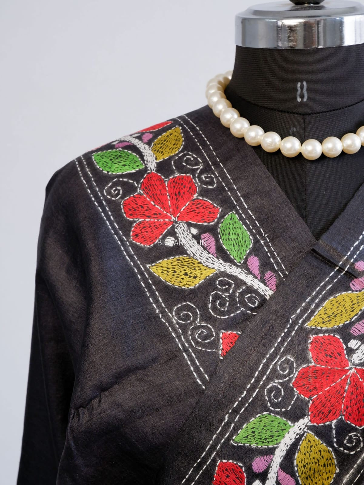 Kantha Stitch Hand Embroidered Saree | Pure Tussar Silk | Silk Mark Certified | Black