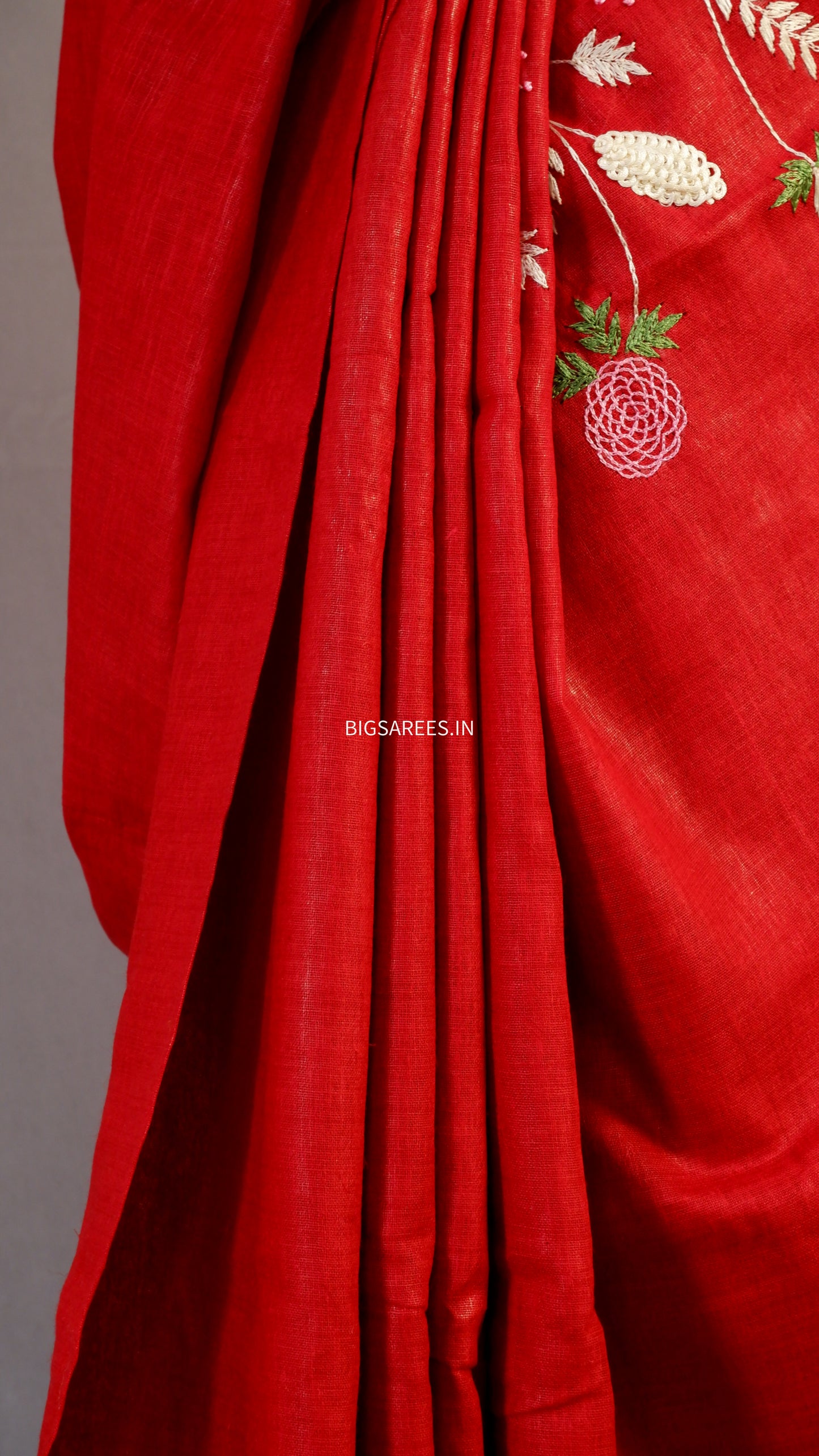 Pure Linen Saree With running Blouse - Dark Red