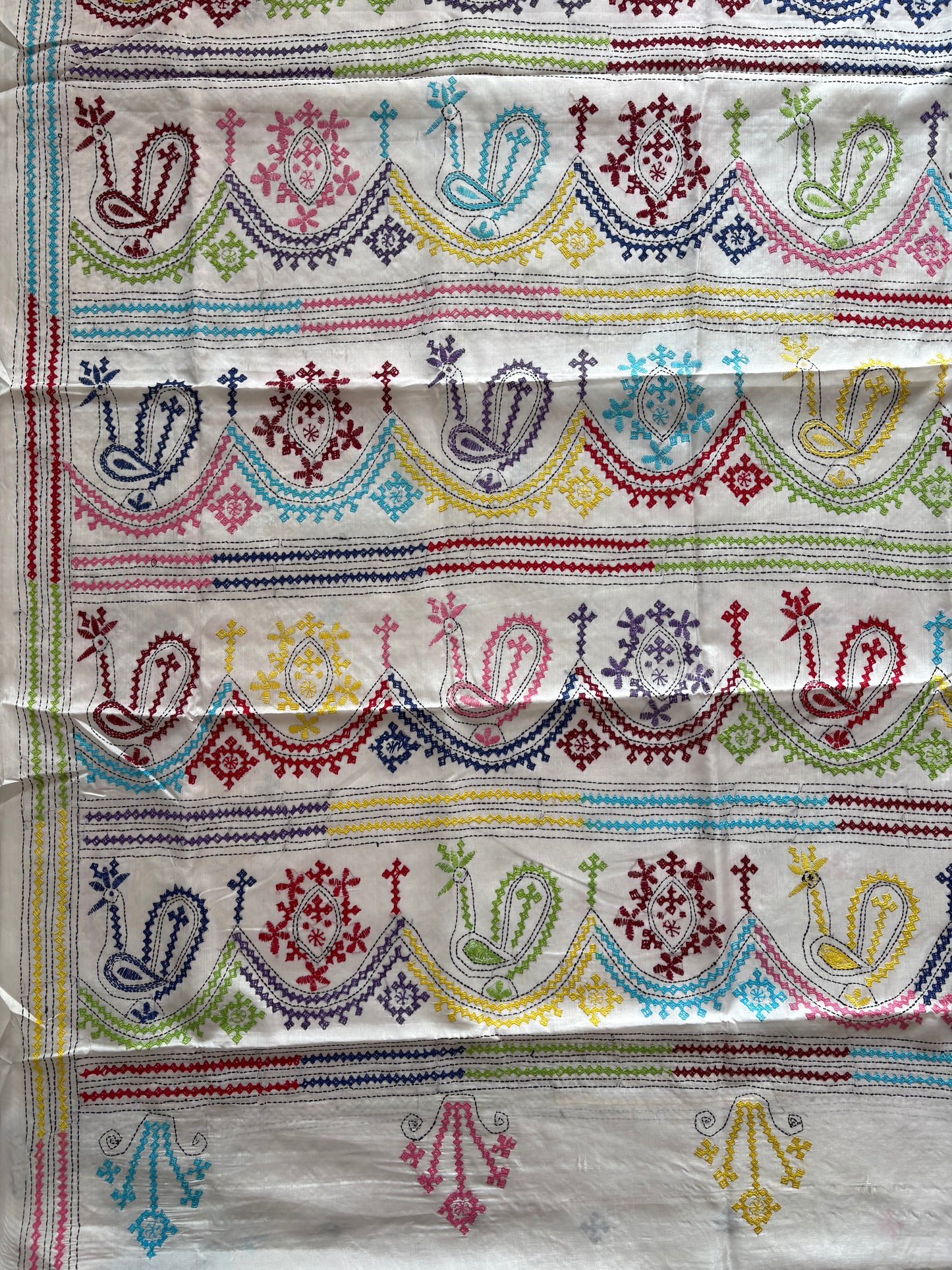 Gujrati Stitch/Kutch Hand Embroidered Art Silk Saree