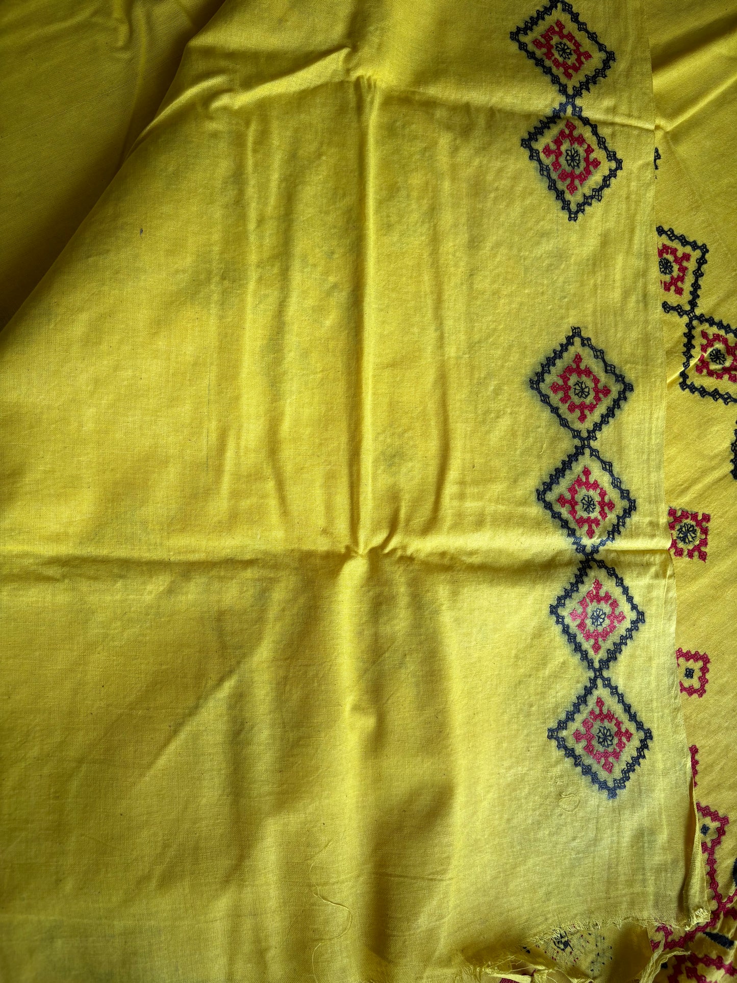 Kutchi work Hand Embroidered Pure Cotton Saree – Yellow