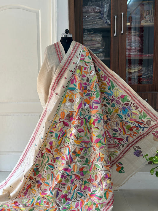 Kantha Stitch Hand Embroidered Pure Gachi Tussar Silk Saree (Silk marked)