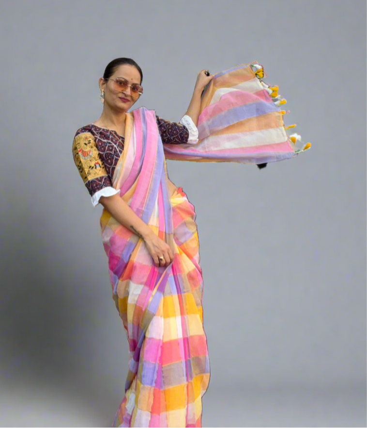 Mul Cotton Check Stripes Golden Lining Saree