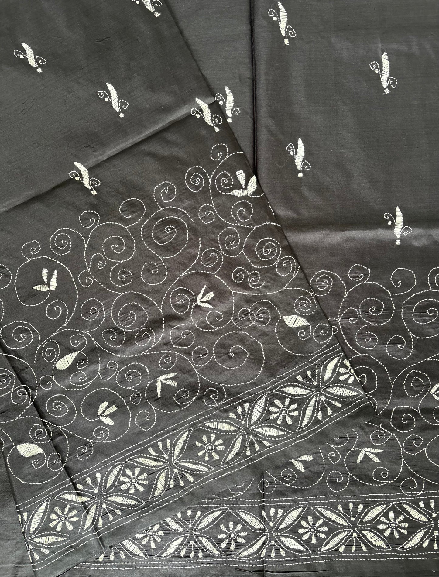 Kantha Stitch Hand Work Embroidered Art Silk Saree With Blouse