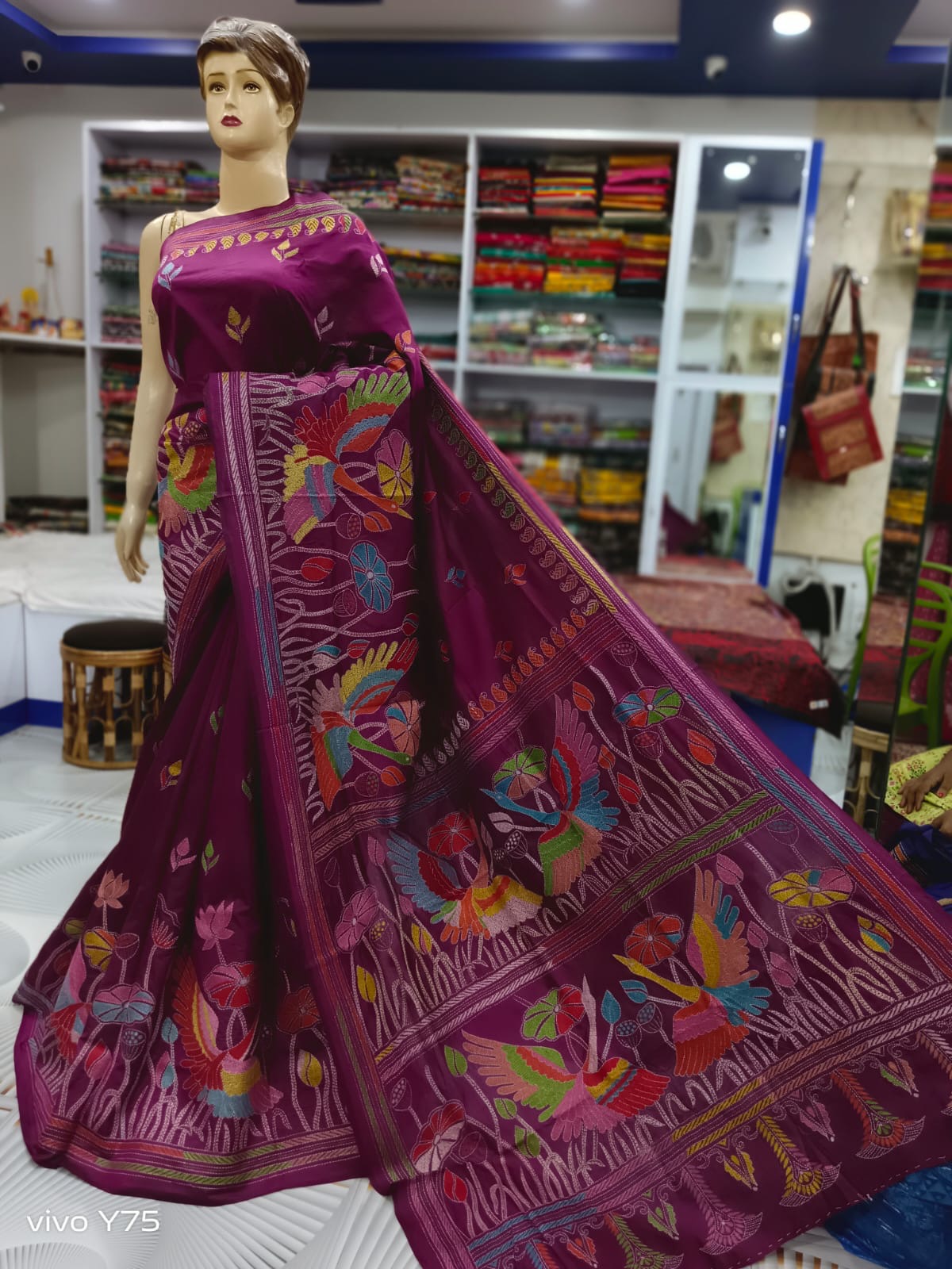 Kantha Hand Embroidered Pure Banglore Silk Saree (Silk Marked)