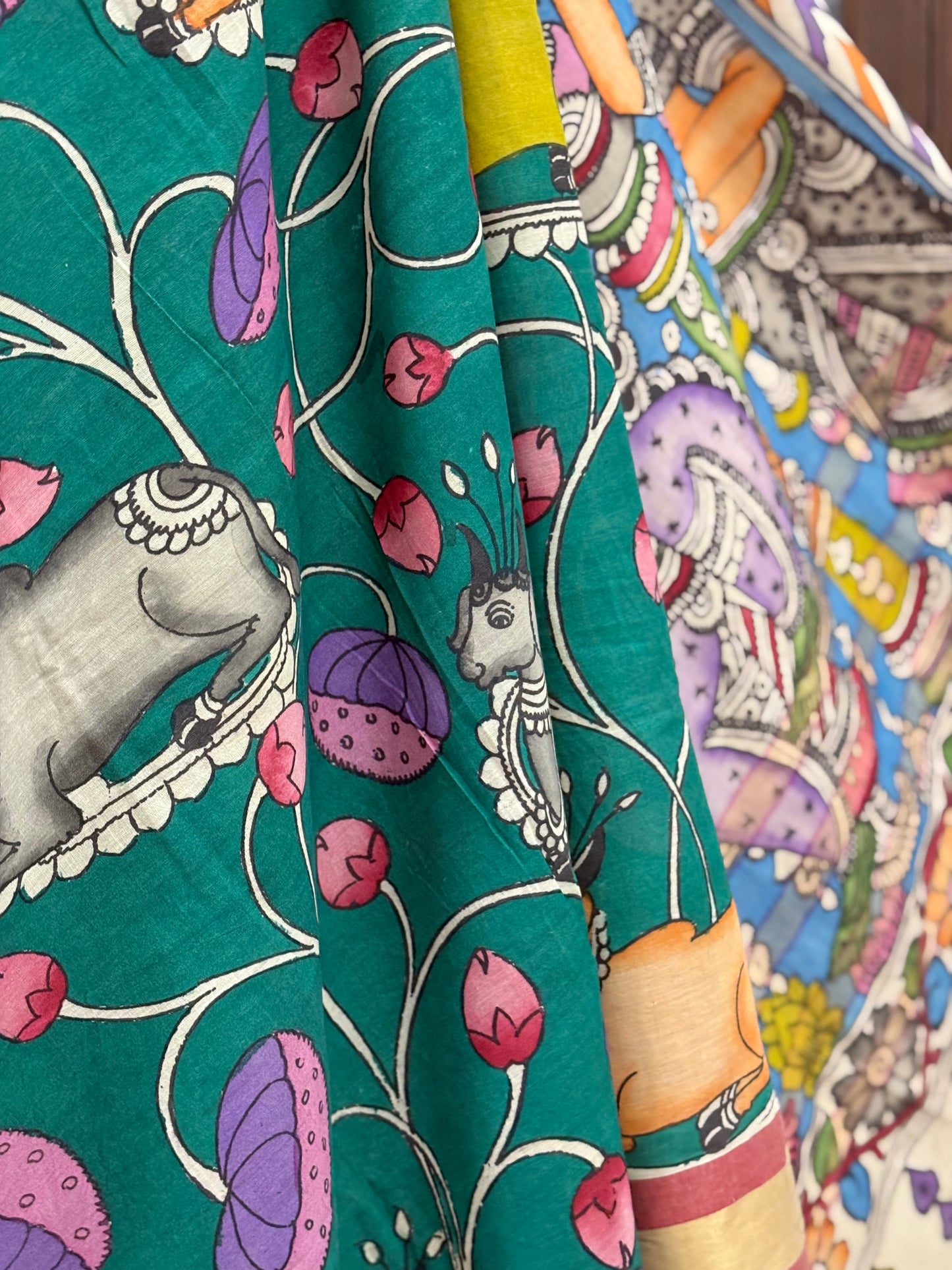 Pen Kalamkari hand painted pure cotton Saree with blouse