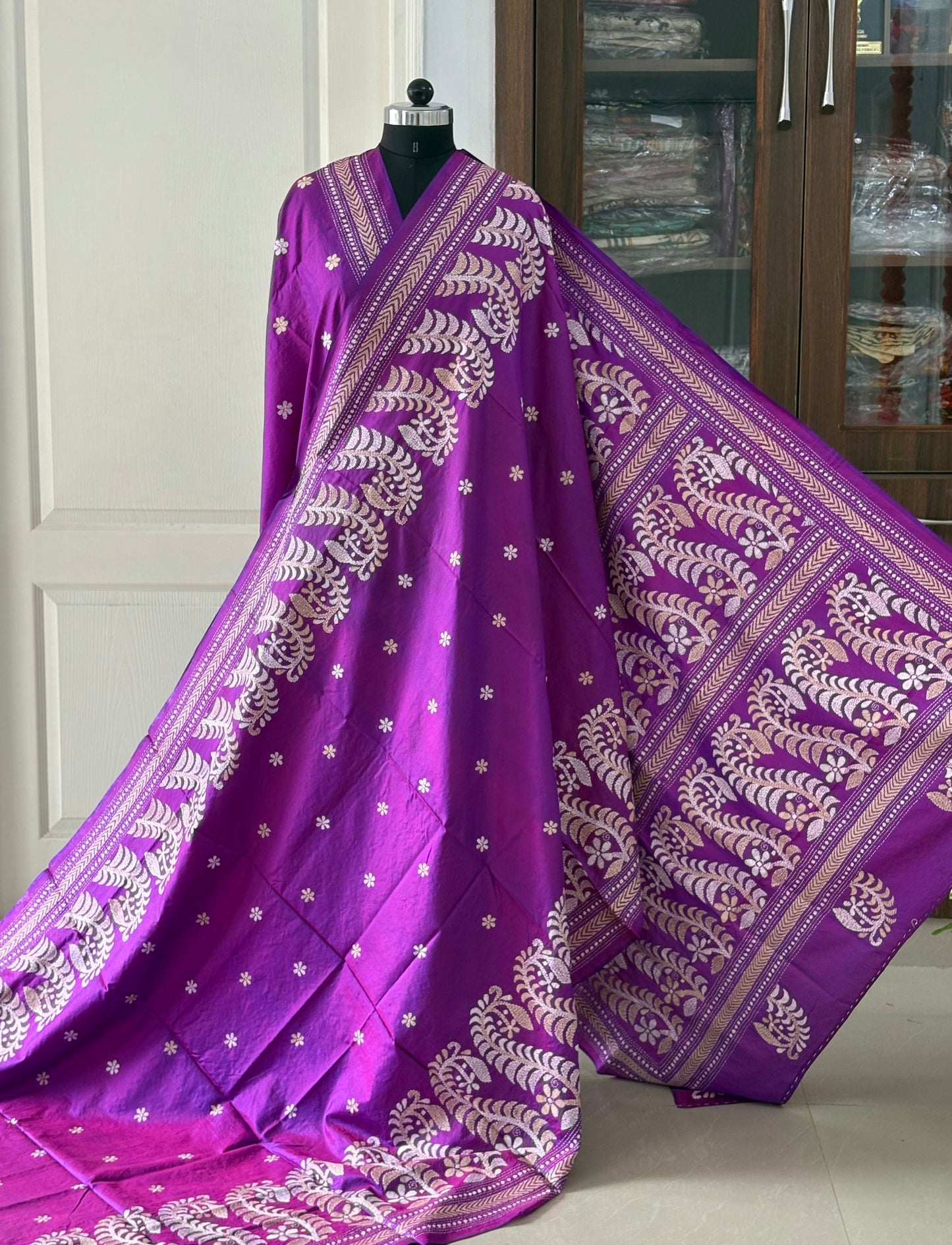 Purple Kantha Stitch Hand Embroidered Pure Banglore Silk Saree