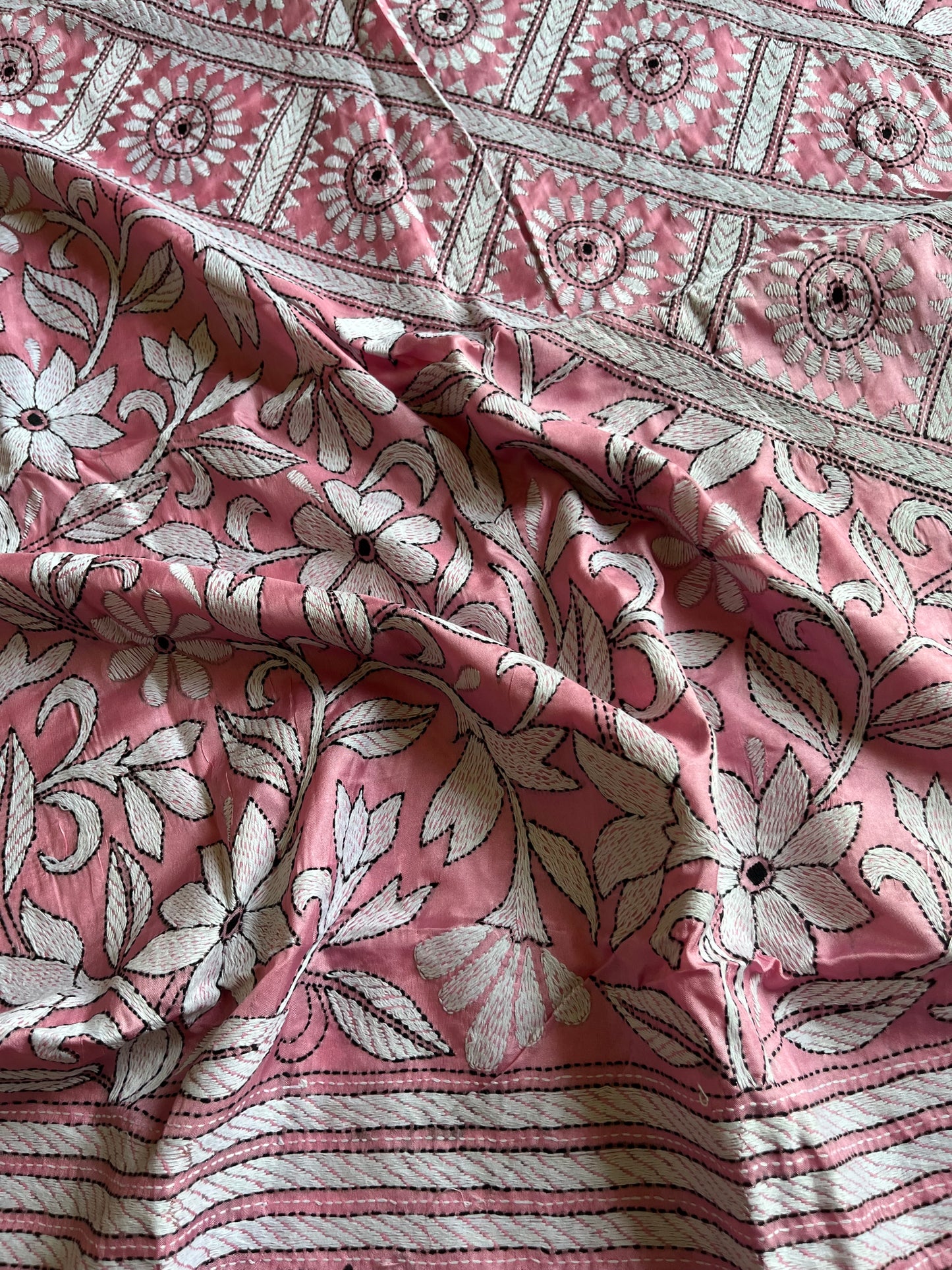 Pink Kantha Stitch Hand Work Embroidered Art Silk Saree With Blouse