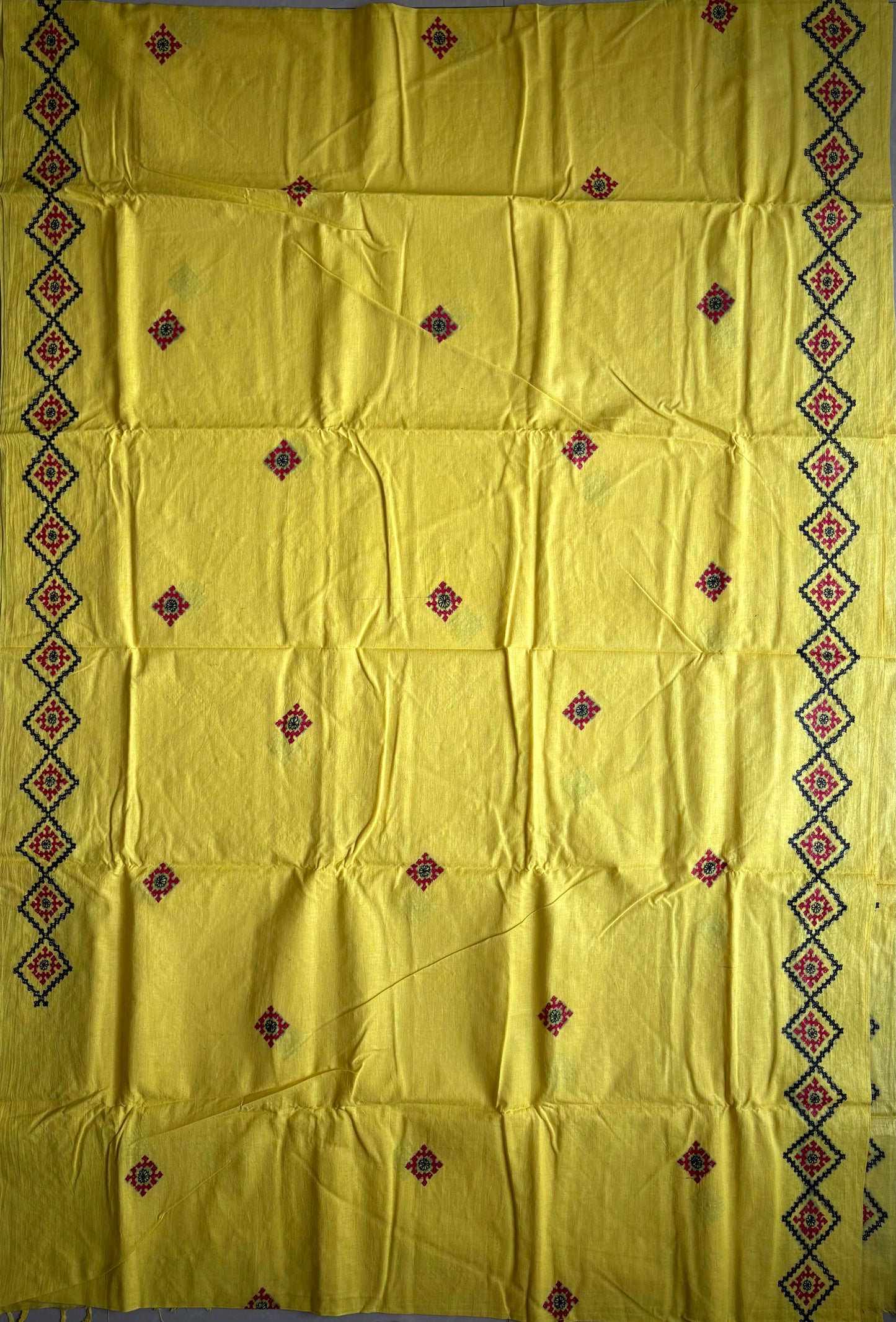 Kutchi work Hand Embroidered Pure Cotton Saree – Yellow