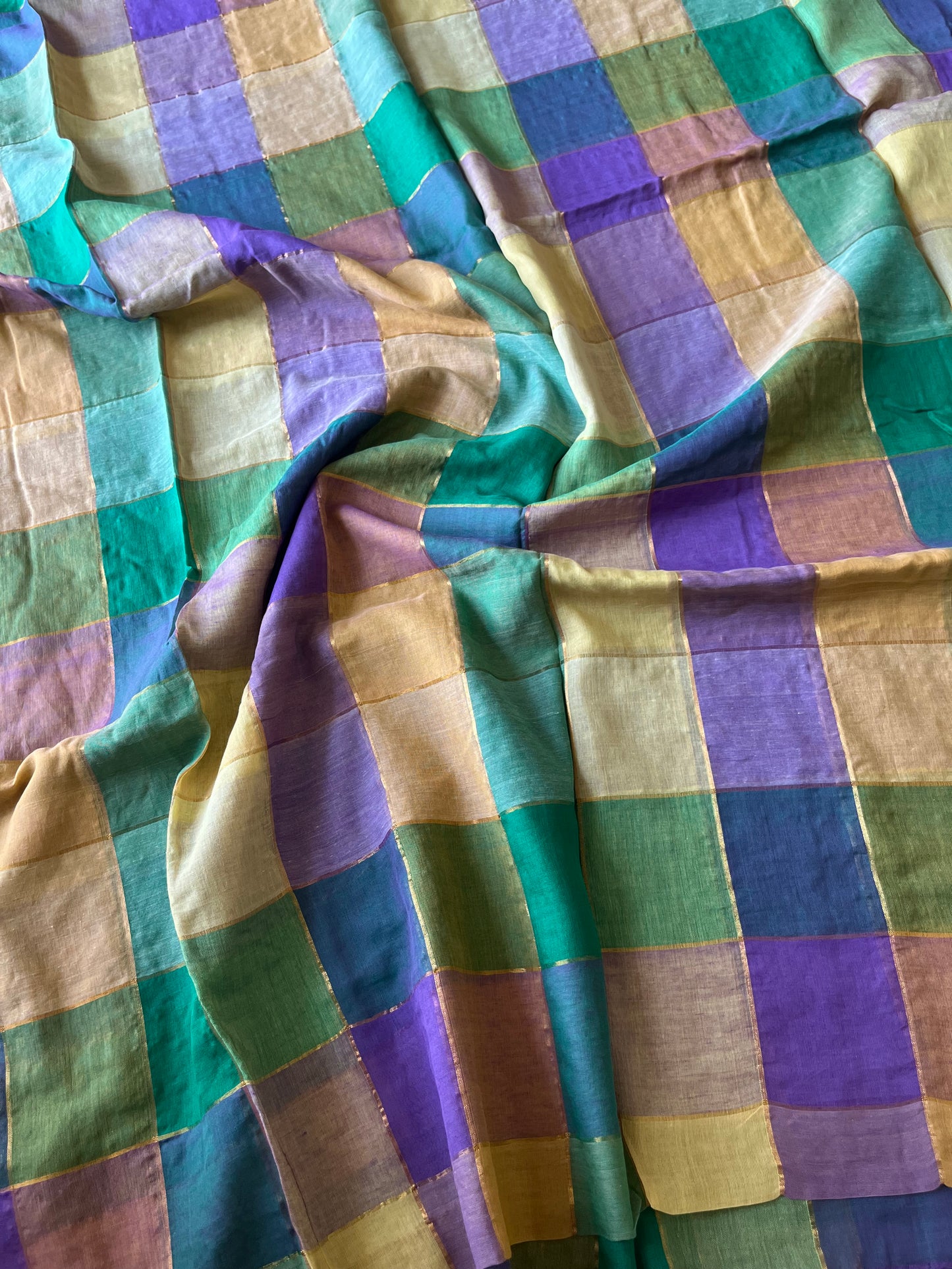 Mul Cotton Check Stripes Golden Lining Saree