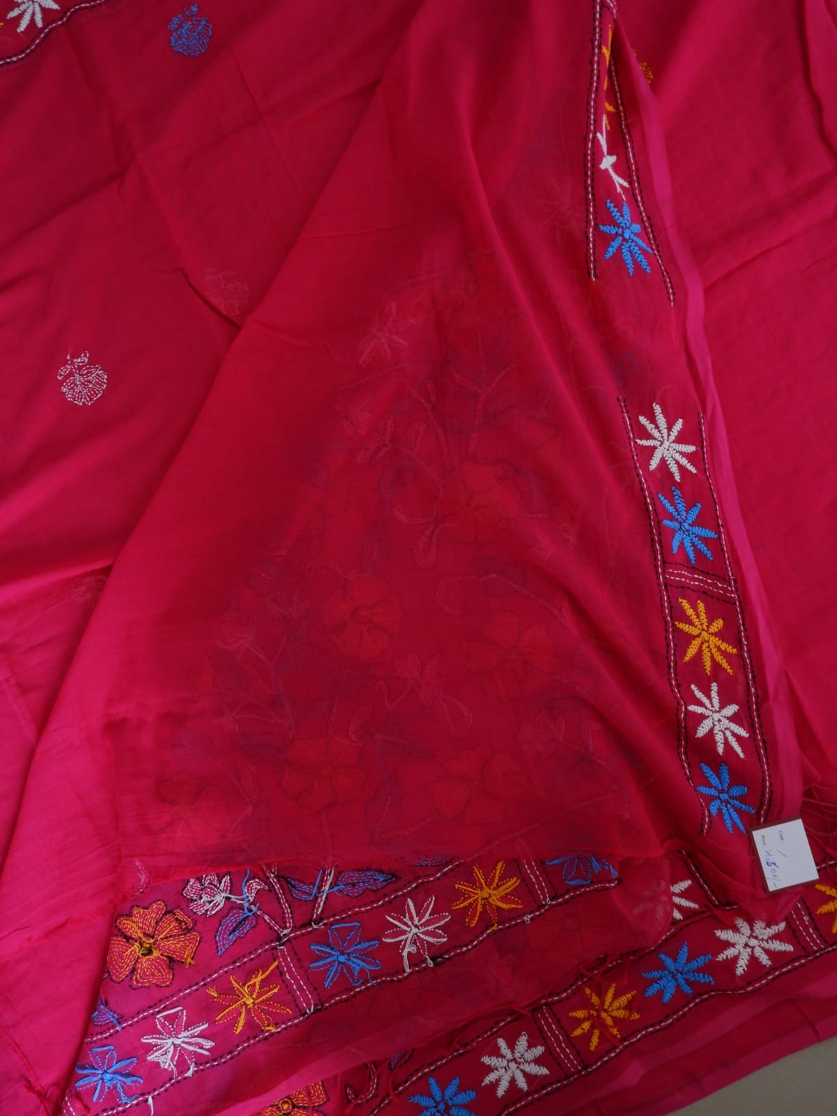 Kantha stitch Hand Embroidered Pure mul Cotton Saree
