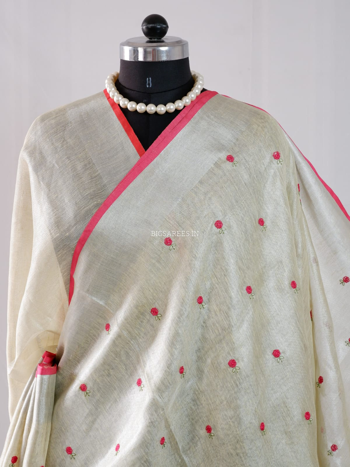 Tissue Linen Blend machine embroidered Saree | Pearl Cream