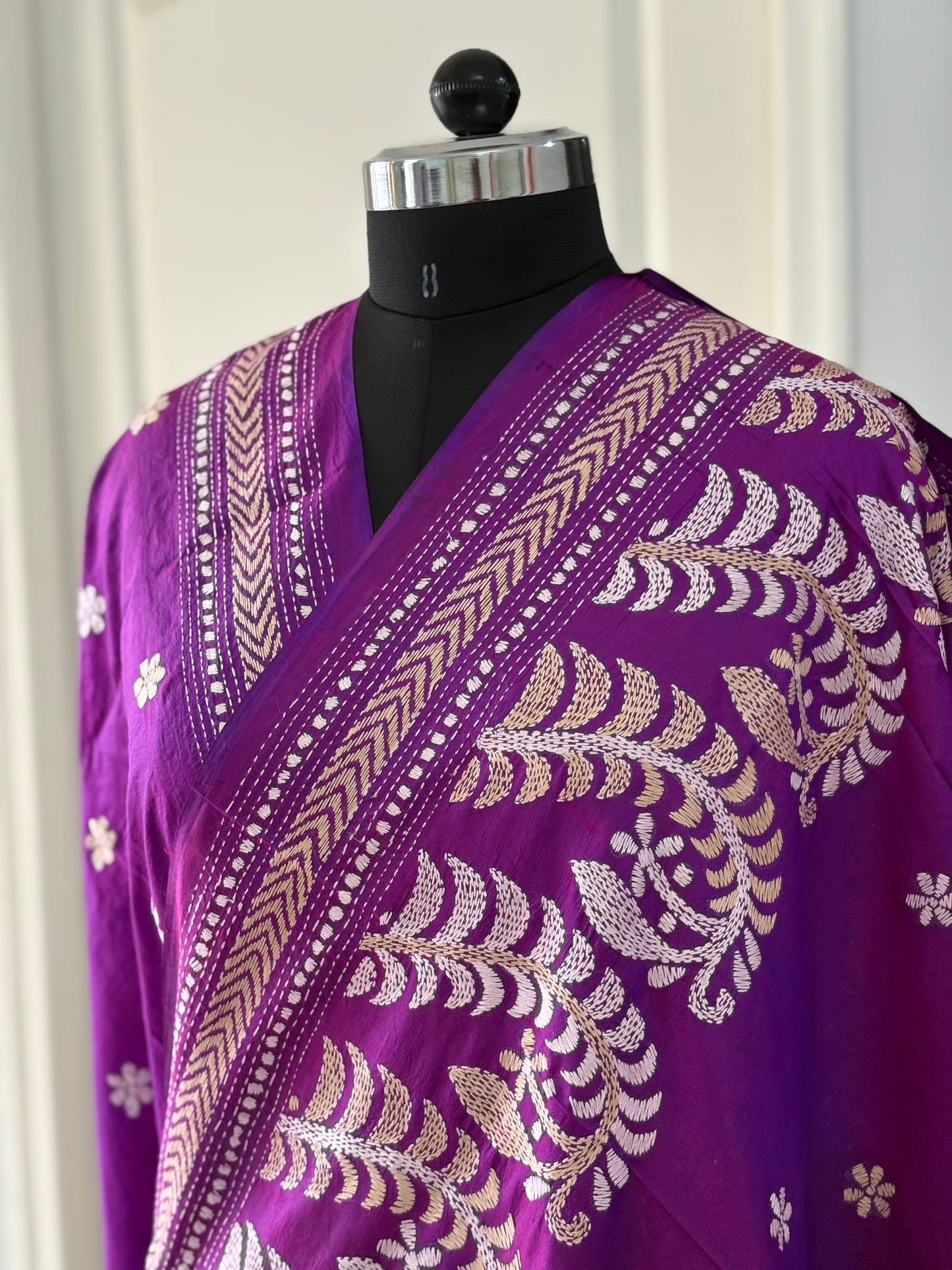 Purple Kantha Stitch Hand Embroidered Pure Banglore Silk Saree