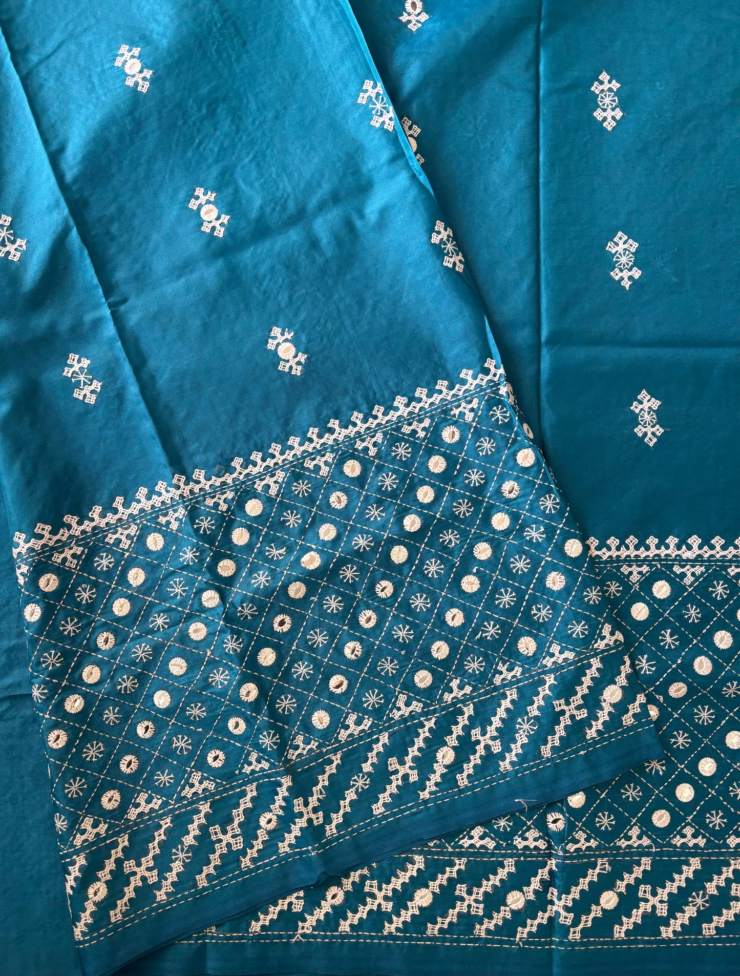 Gujrati Stitch/Kutch Hand Embroidered Art Silk Saree