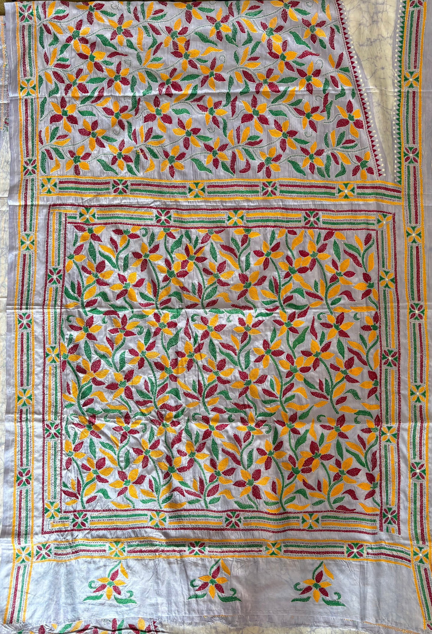 Kantha - Stitch Hand Embroidered Saree | Blended Bangalore Silk / Art Silk