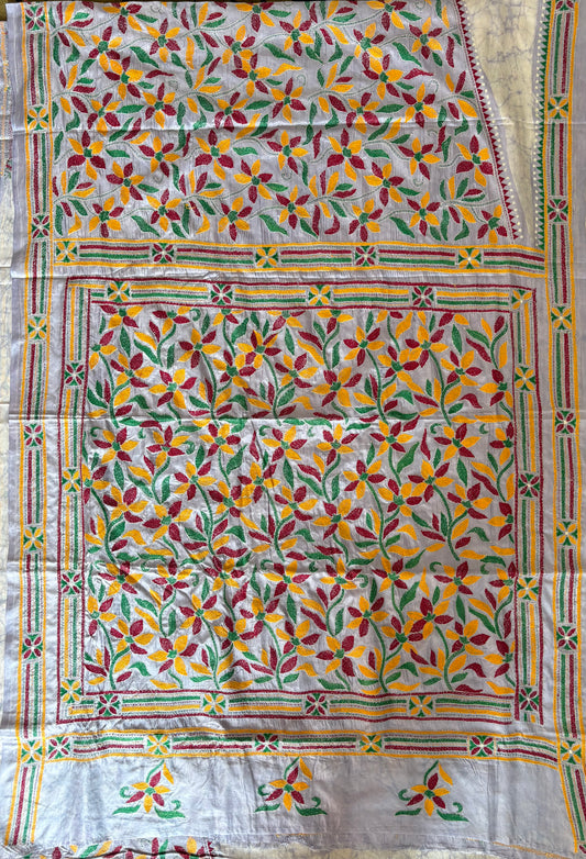 Kantha - Stitch Hand Embroidered Saree | Blended Bangalore Silk / Art Silk