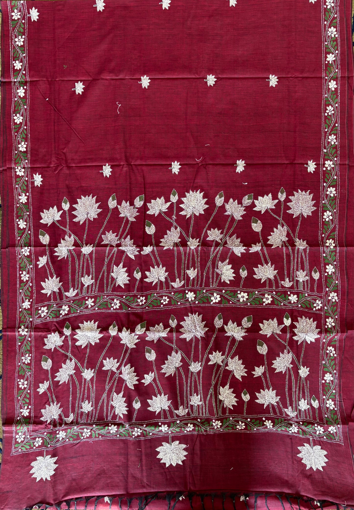 Kantha stitch Khadi Cotton Saree - Maroon