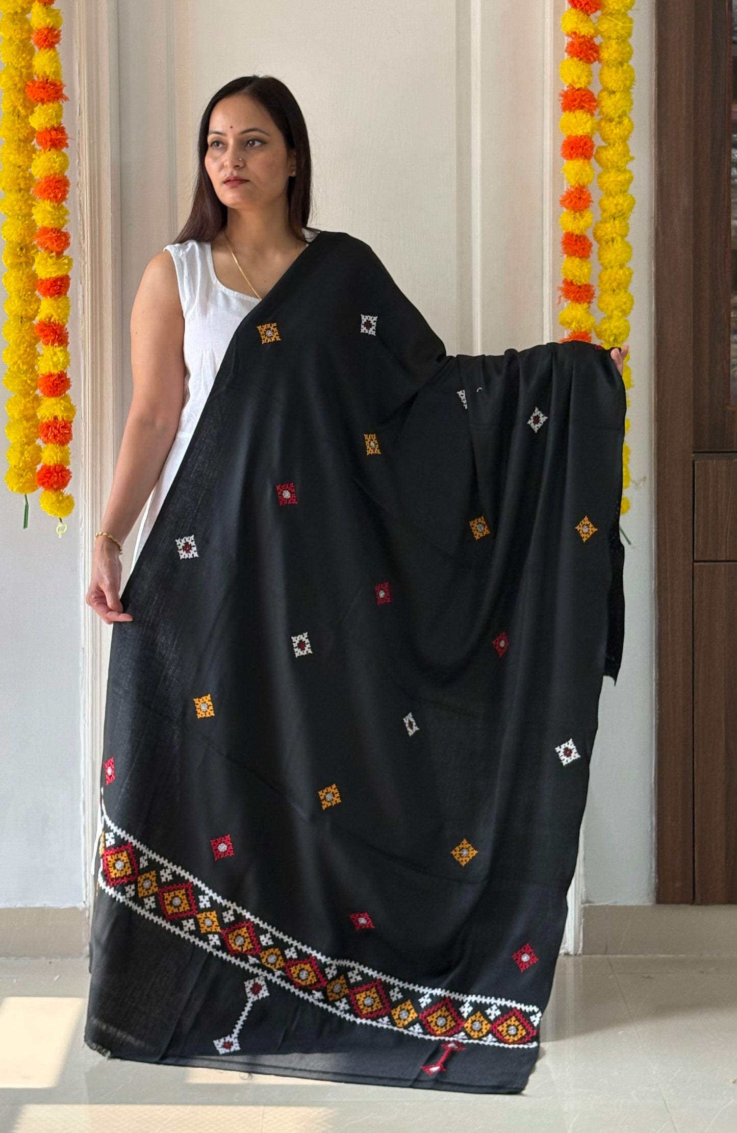 Gujrati Stitch Hand Embroidered Woollen Warm Shawl (Black)