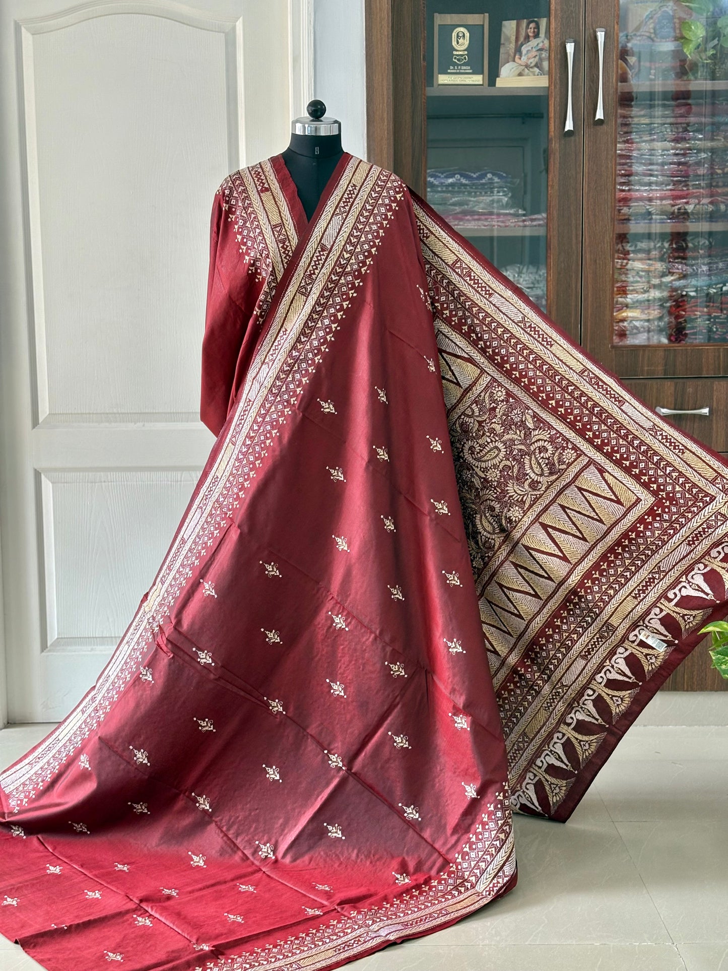 Kantha Stitch Hand Embroidered Pure Banglore Silk Saree (Silk Marked)