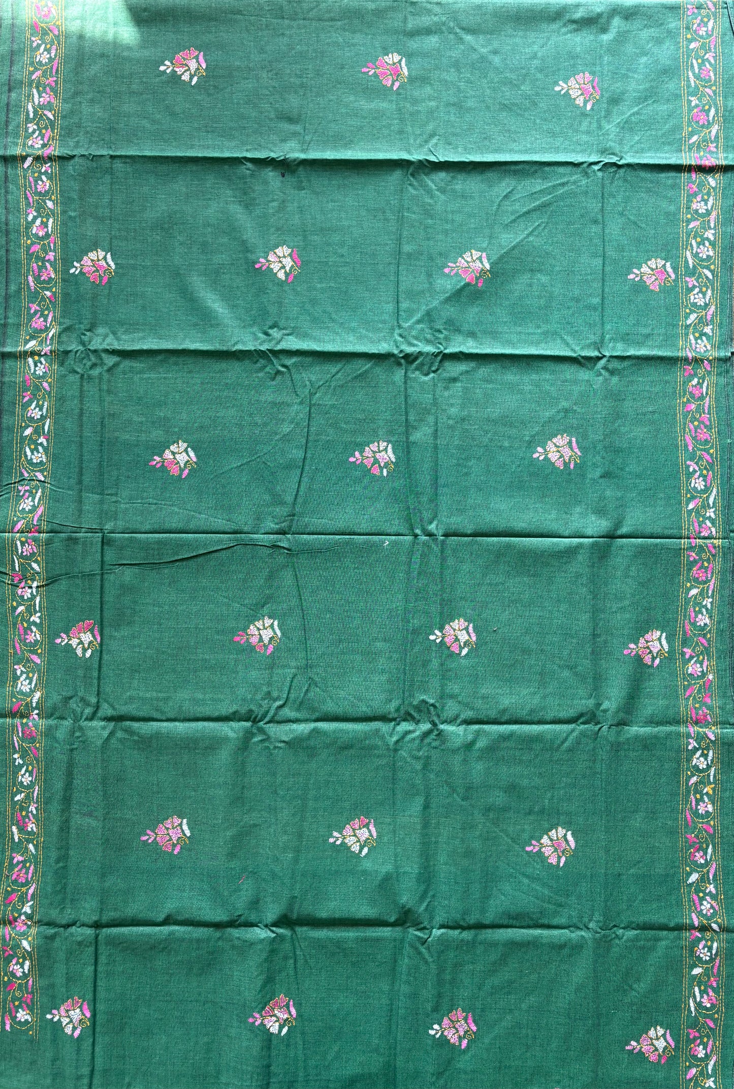 Kantha stitch Khadi Cotton Saree - Green