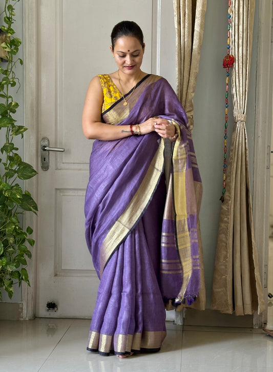 Mustard silver pure Linen By Linen Saree With running Blouse