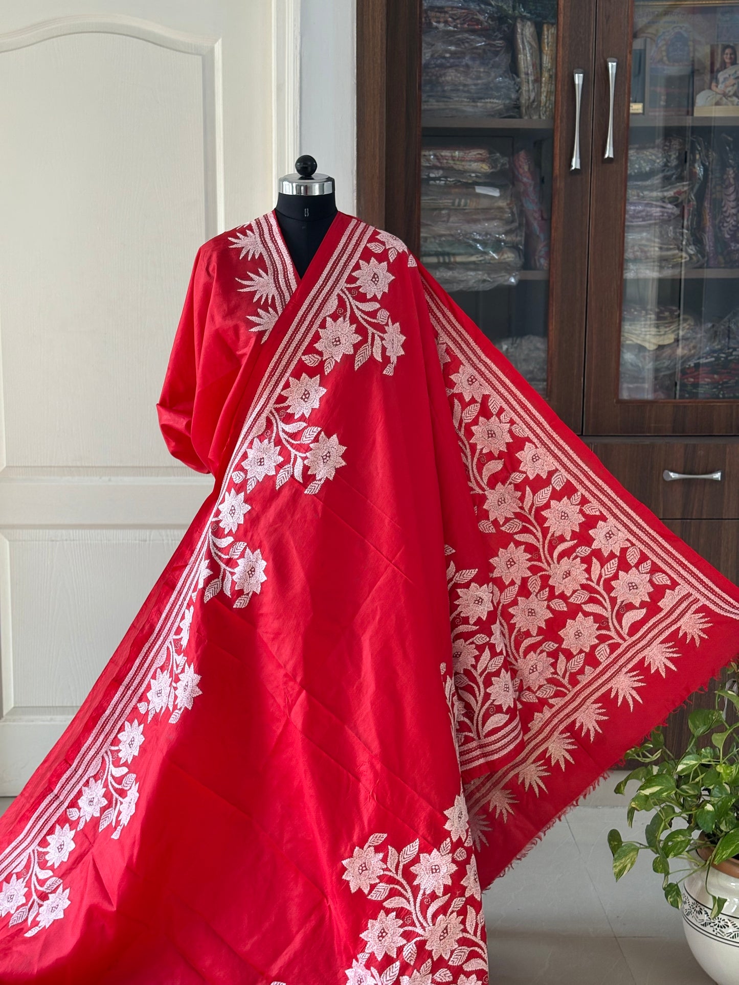 Kantha Stitch Hand Embroidered Pure Banglore Silk Saree (Silk Marked)