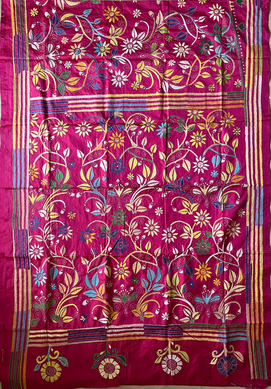 Kantha Hand Embroidered Blended Banglore Silk/Art Silk Saree With Blouse