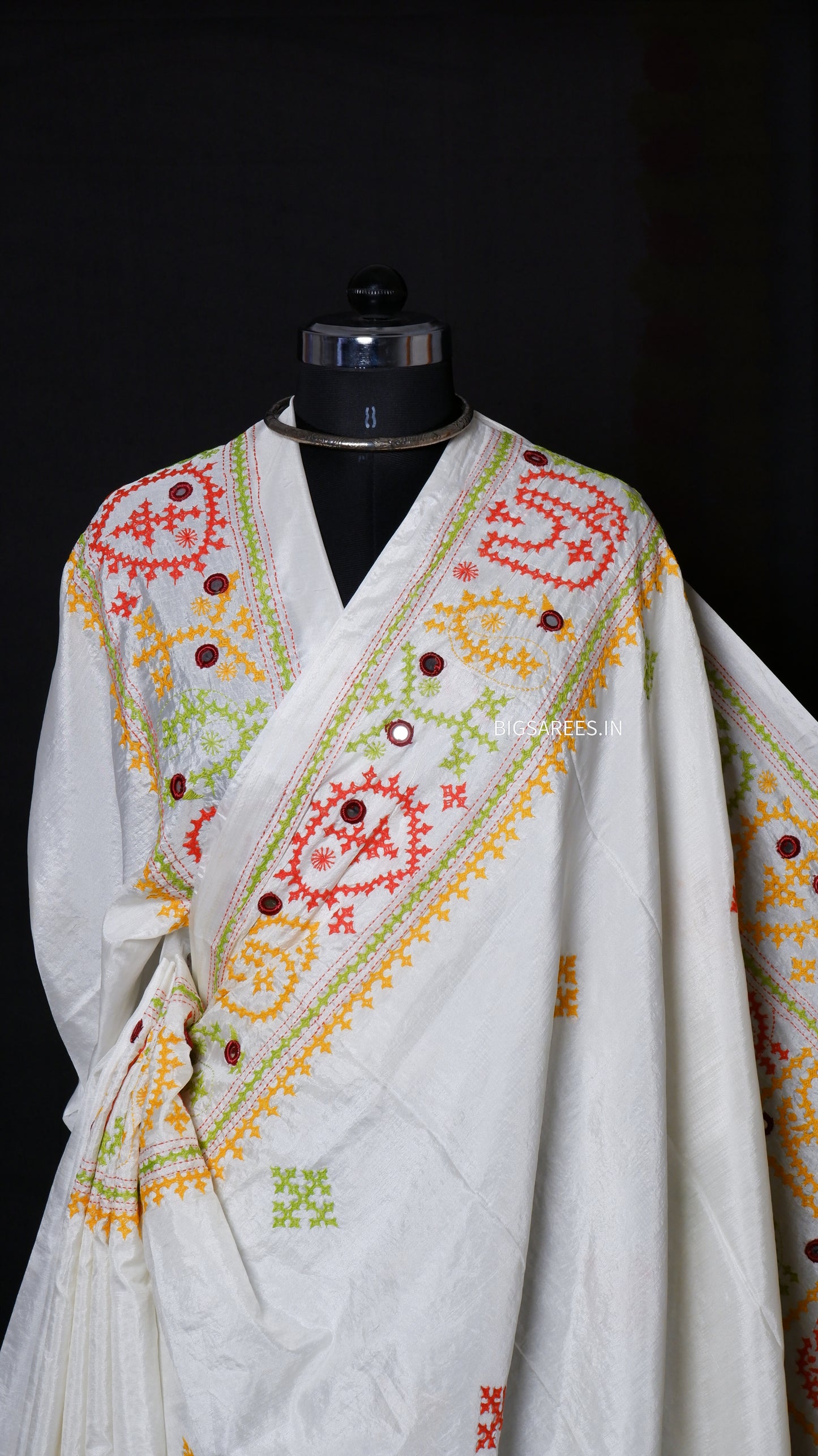 Heavy real mirror work Gujrati Stitch/Kutchi Bharat/Sindhi Hand Embroidered Art Silk Saree with blouse - off white