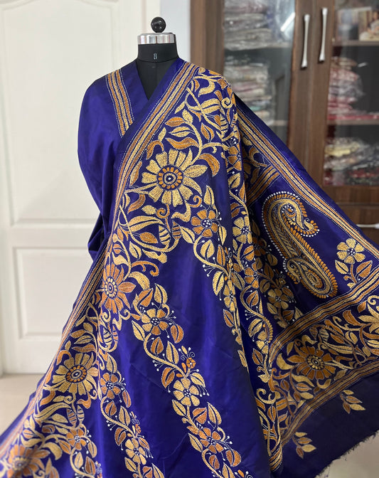 Kantha Hand Embroidered Pure Bangalore Silk Saree (Silk Marked)