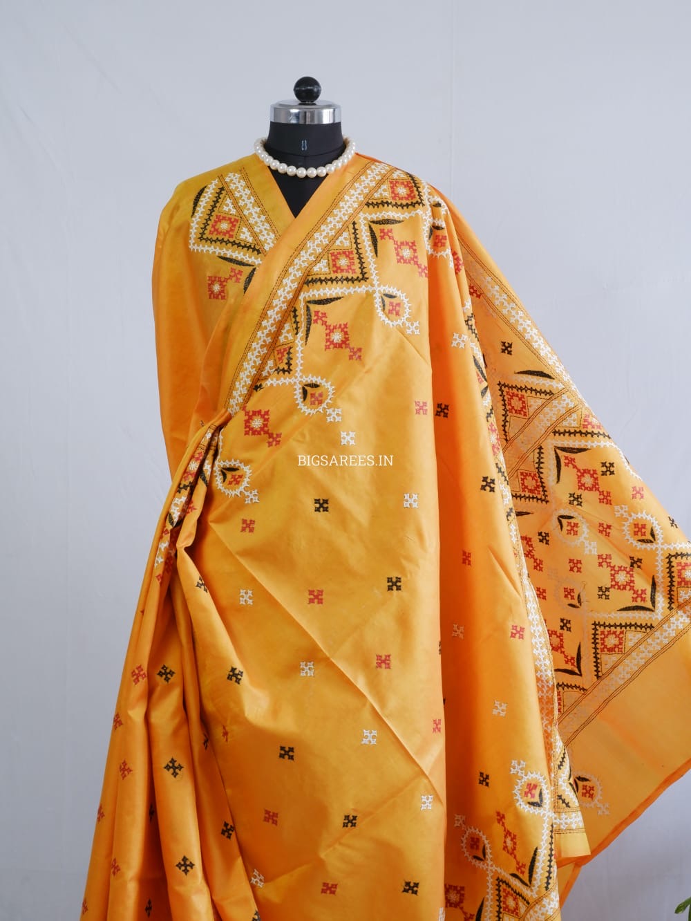 Kutch Hand Embroidered Saree| Pure Bangalore Silk | Amber