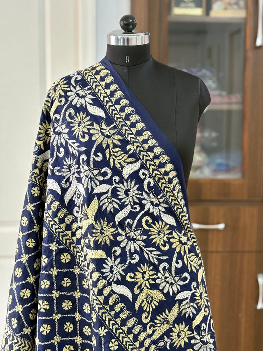 Kantha Stitch Hand Embroidary Full Work Pure Banglore Silk Dupatta - Navy Blue