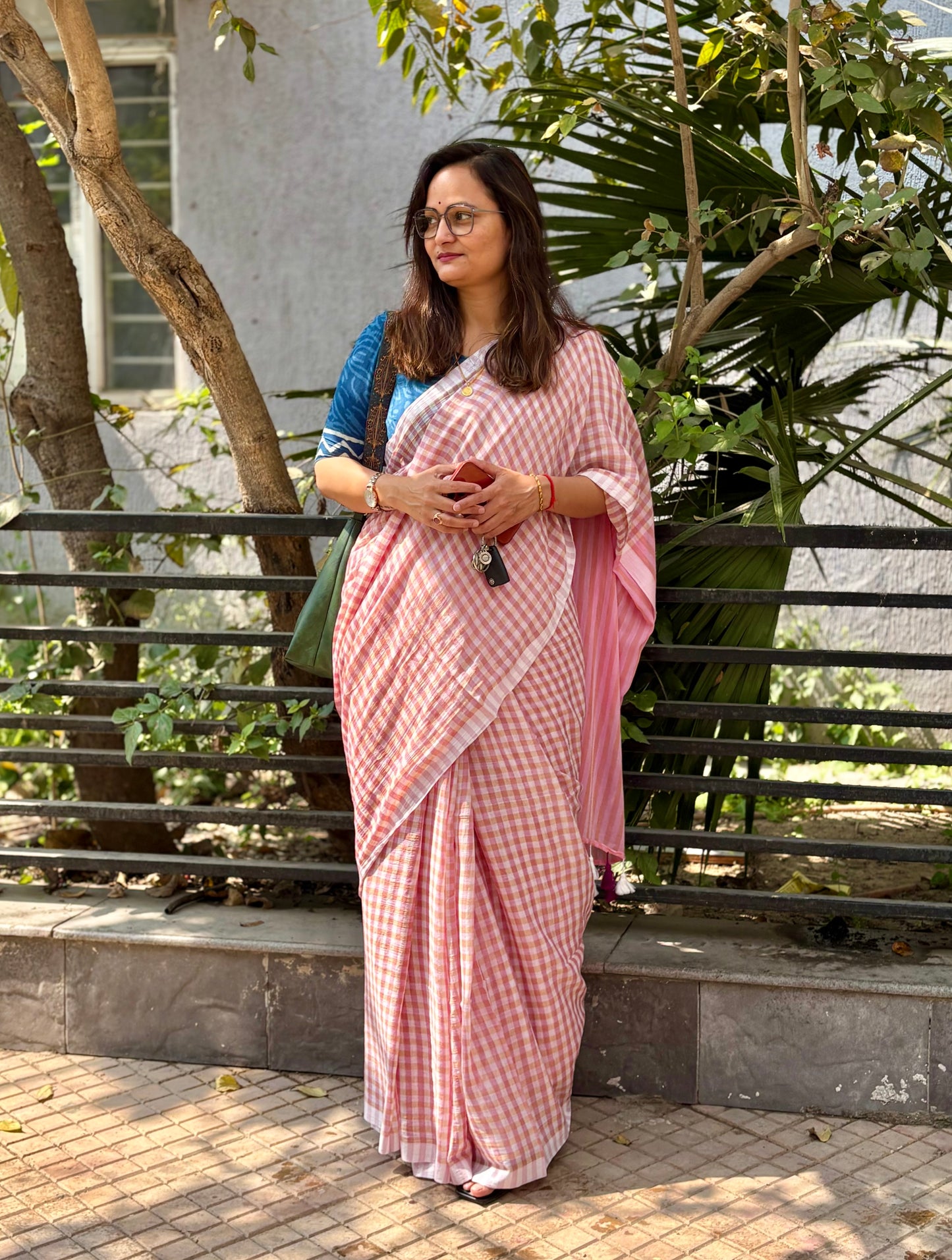 Checkered Mul Cotton Saree With Ikat Blouse | Ultra Lightweight | Pink