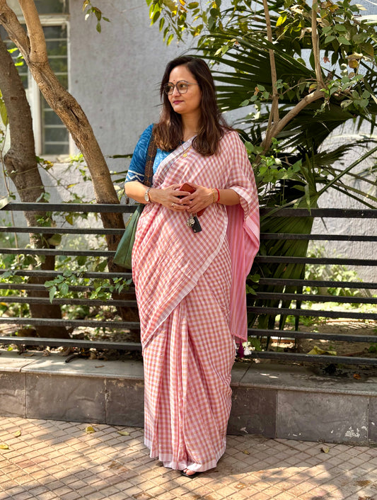 Checkered Mul Cotton Saree With Ikat Blouse | Ultra Lightweight | Pink