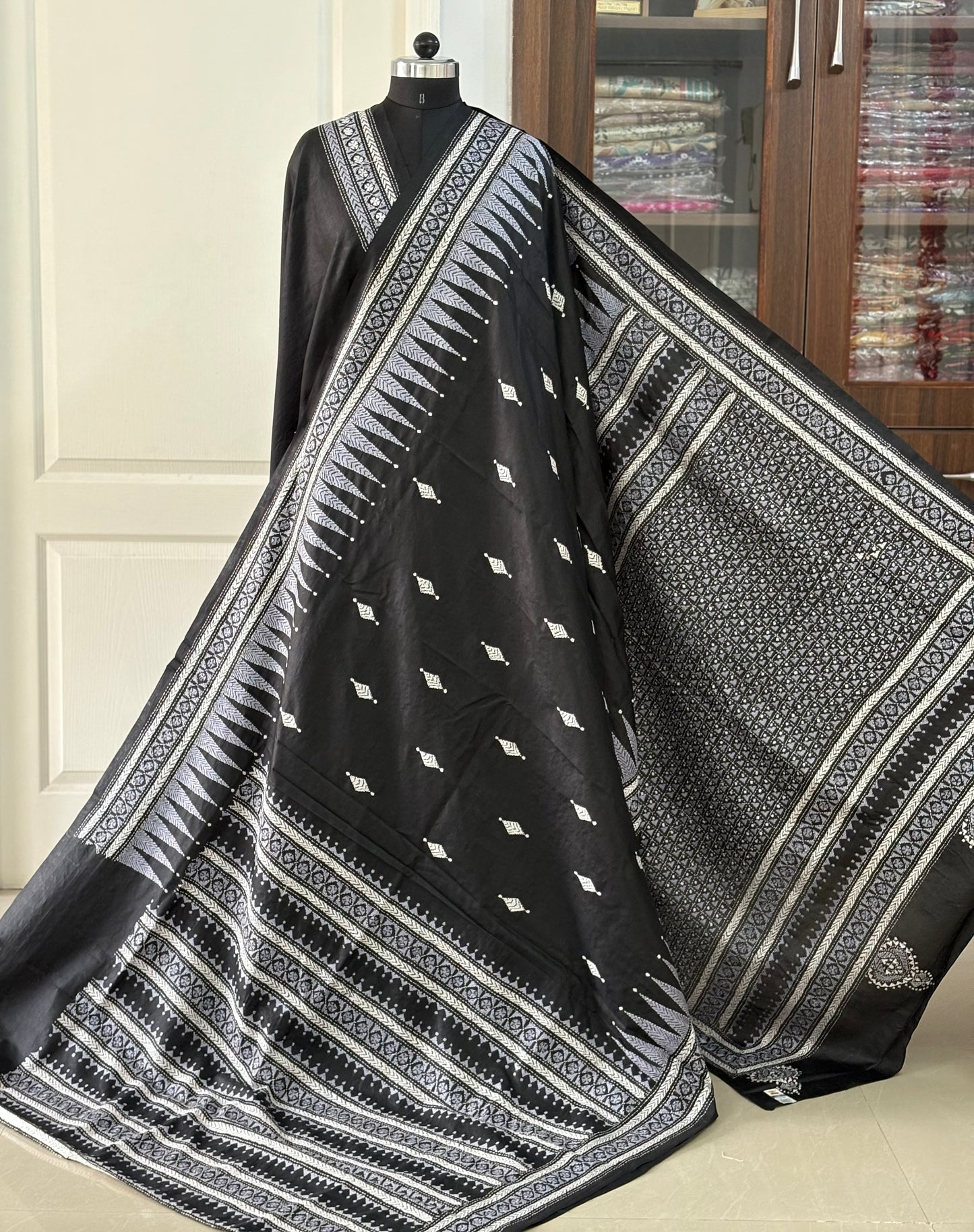 Black Kantha Stitch Hand Embroidered Pure Banglore Silk Saree (Silk Marked)