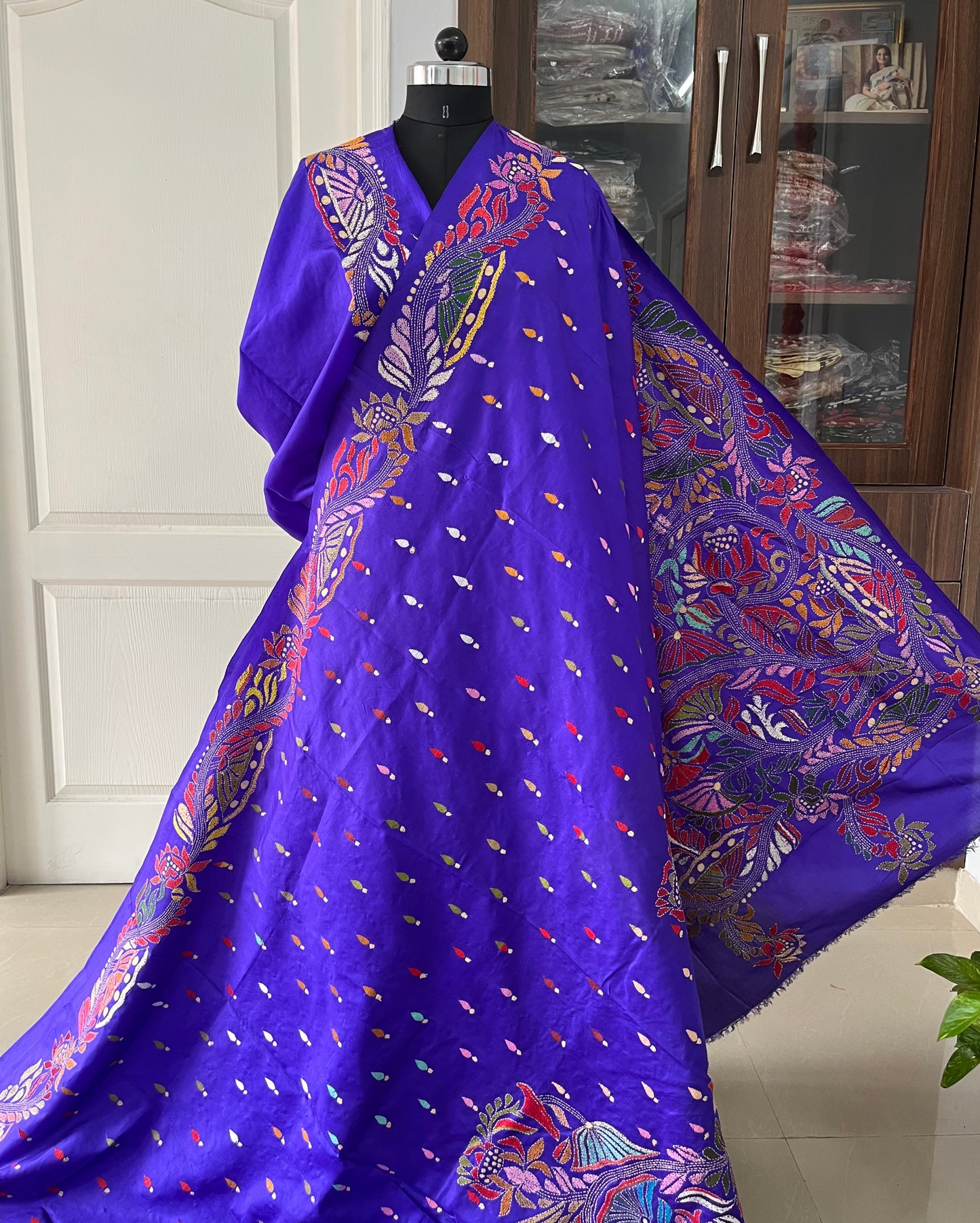Blue Kantha Stitch Hand Embroidered Pure Banglore Silk Saree