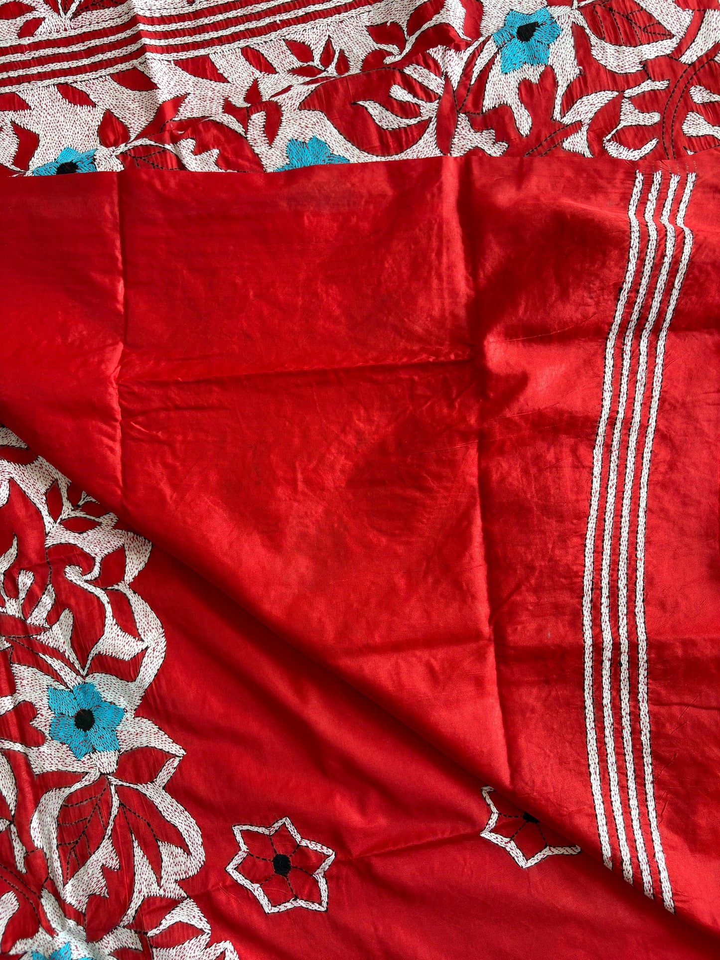 Red Kantha Hand Work Embroidered Art Silk Saree With Blouse