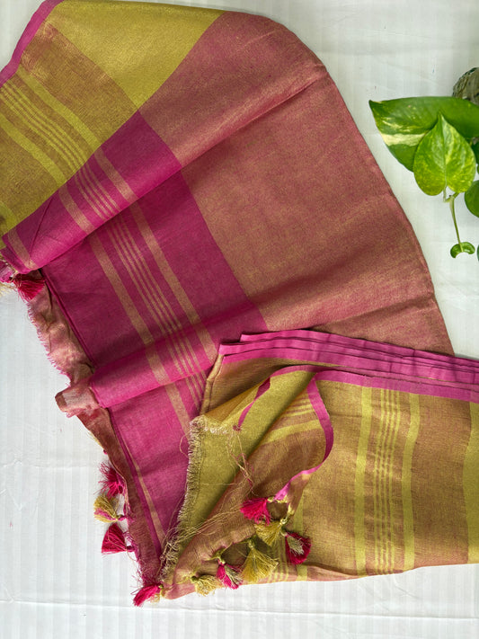 Pink gold pure Linen By Linen Saree With running Blouse