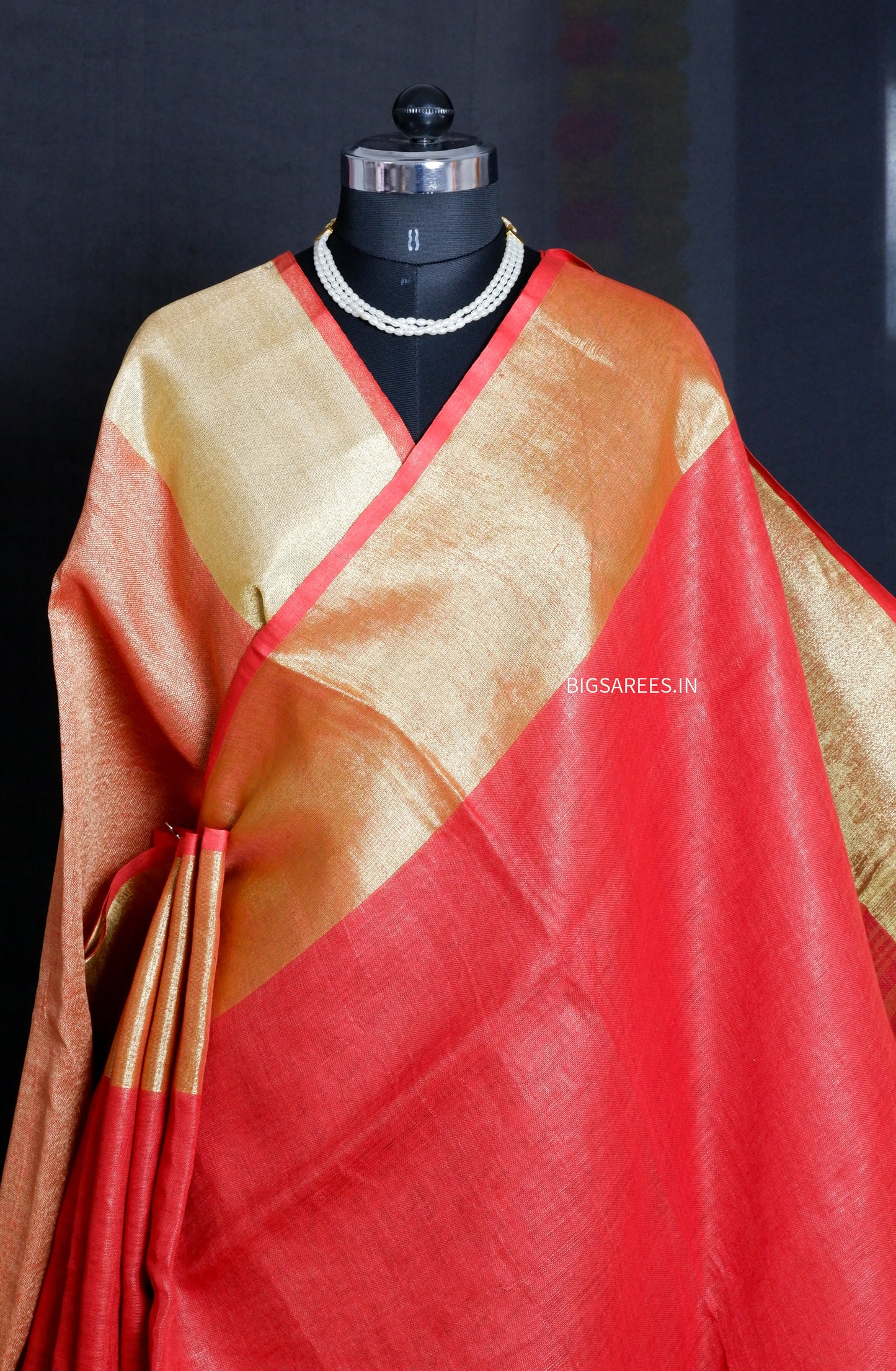 Red golden pure Linen By Linen Saree With running Blouse