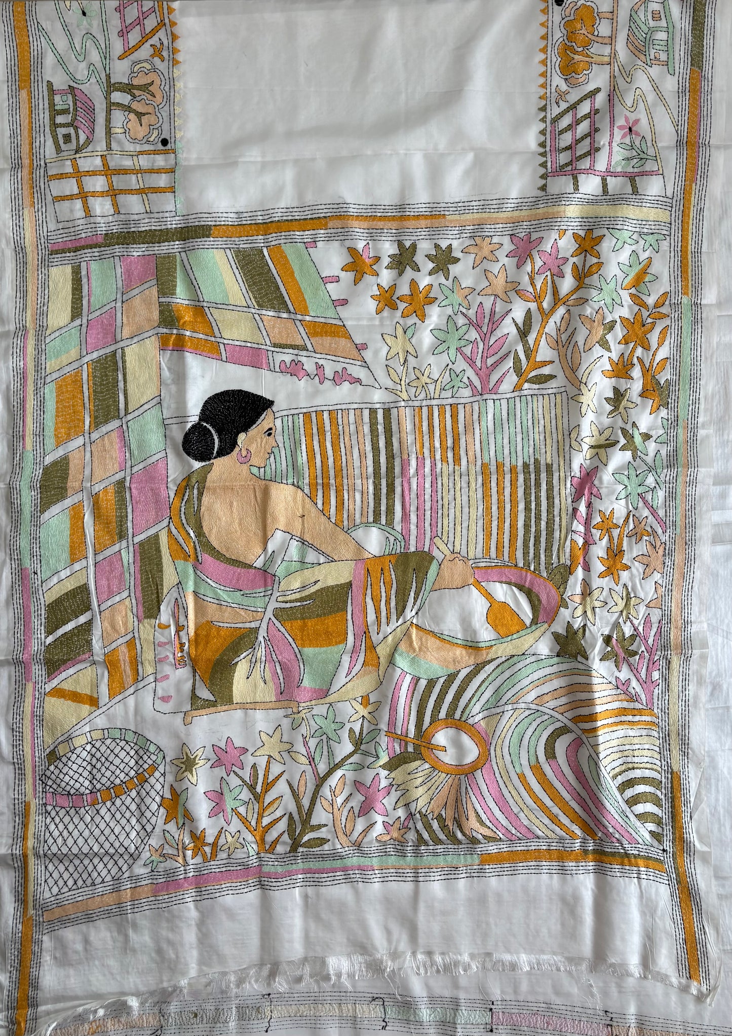 Off white Hand Embroidered Kantha Stitch Saree in Artificial Silk