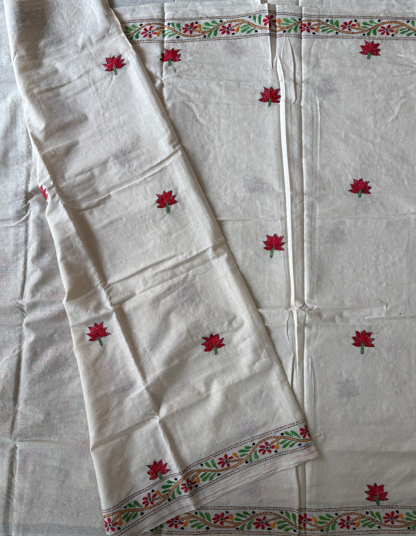 Kantha stitch Khadi Cotton Saree - off white